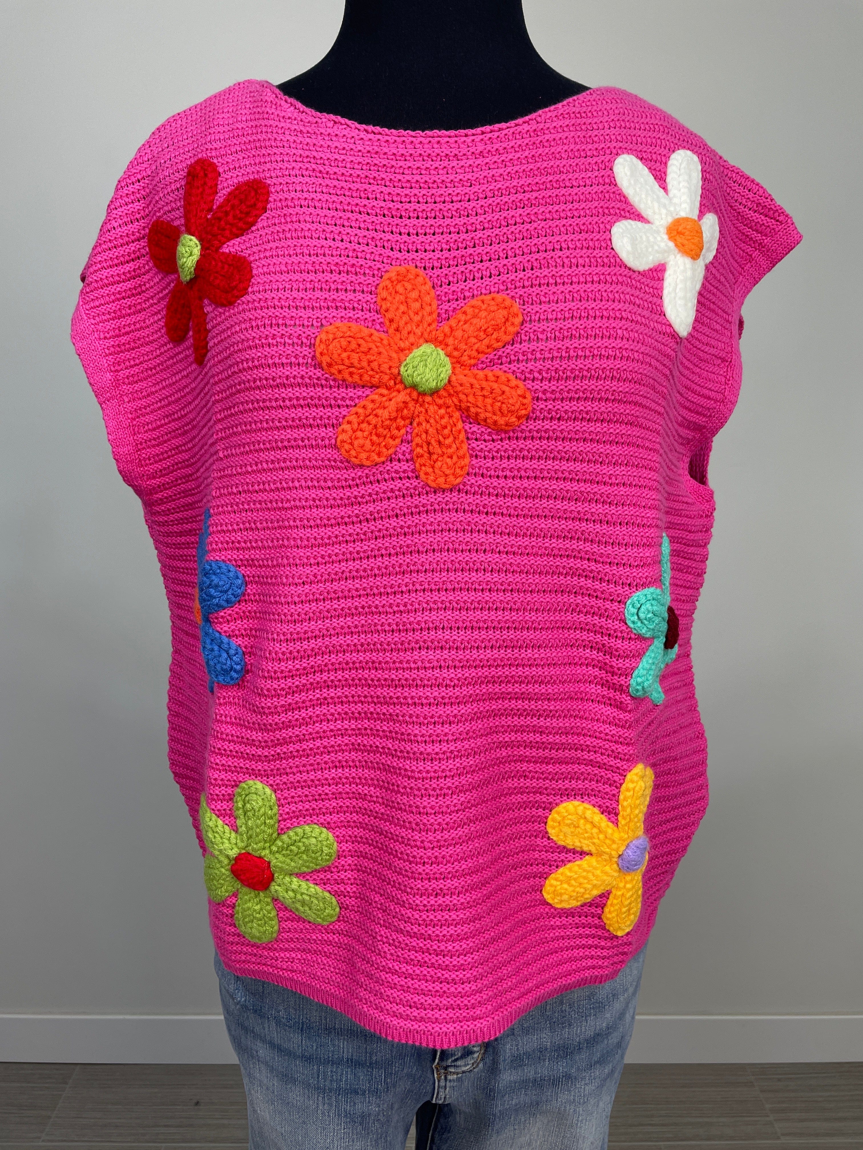 Fuchsia Crochet Flower Embroidery Sleeveless Knit Top