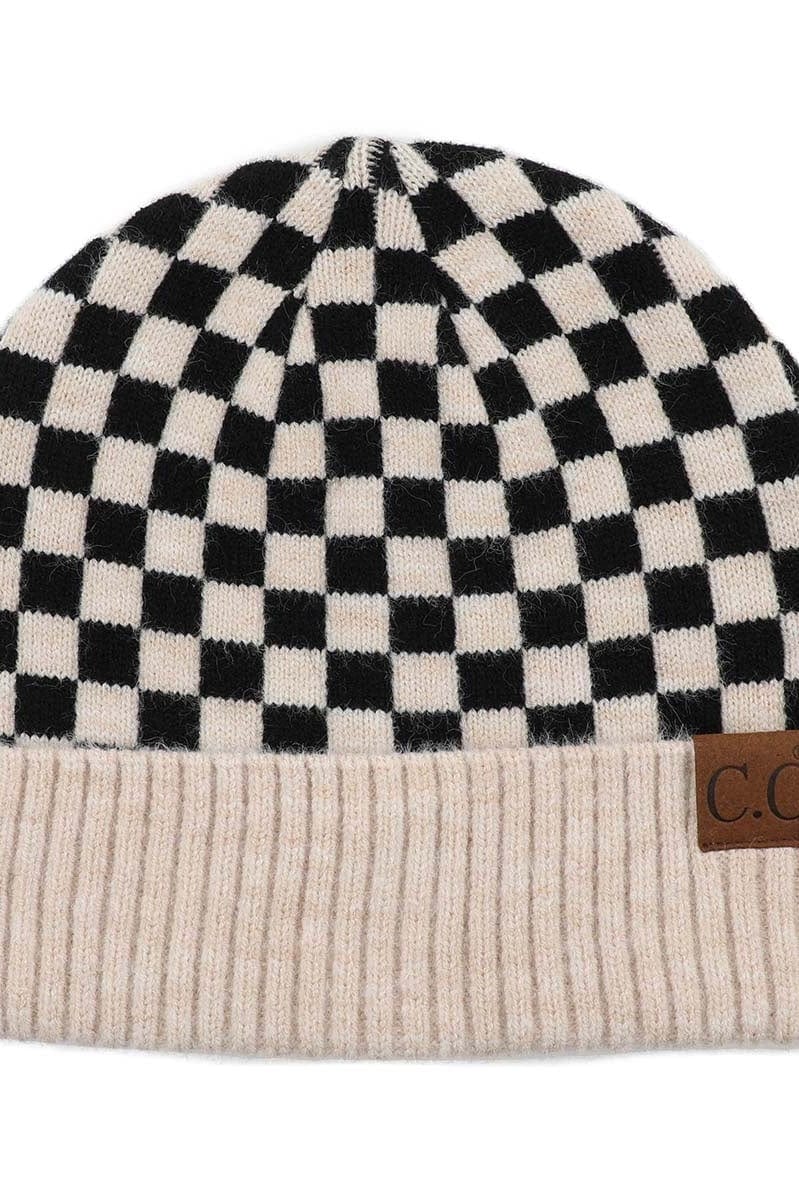 Oatmeal Checkered Beanie Hat