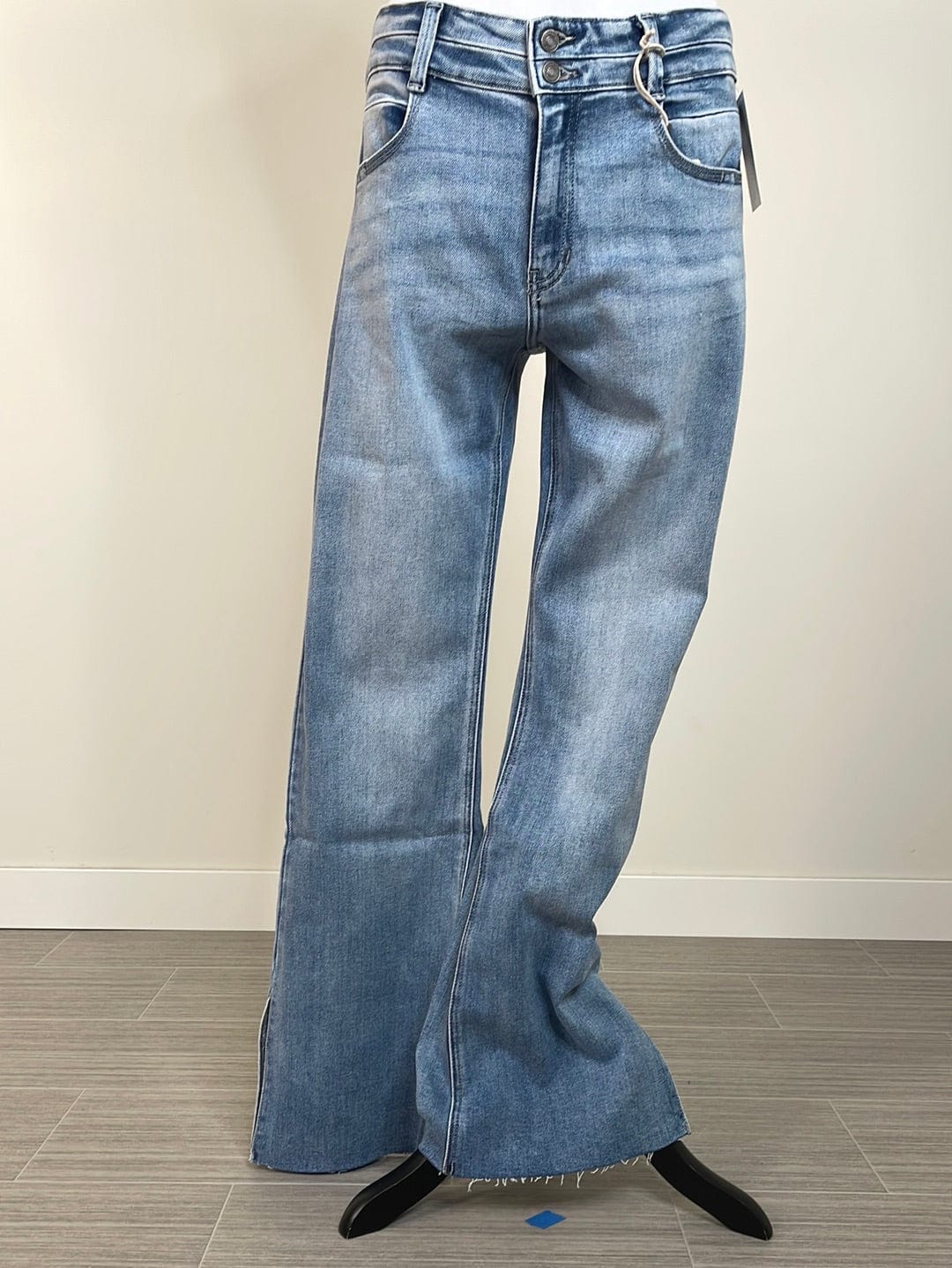 Midrise Medium Stone Double Waist Band Flare Jeans