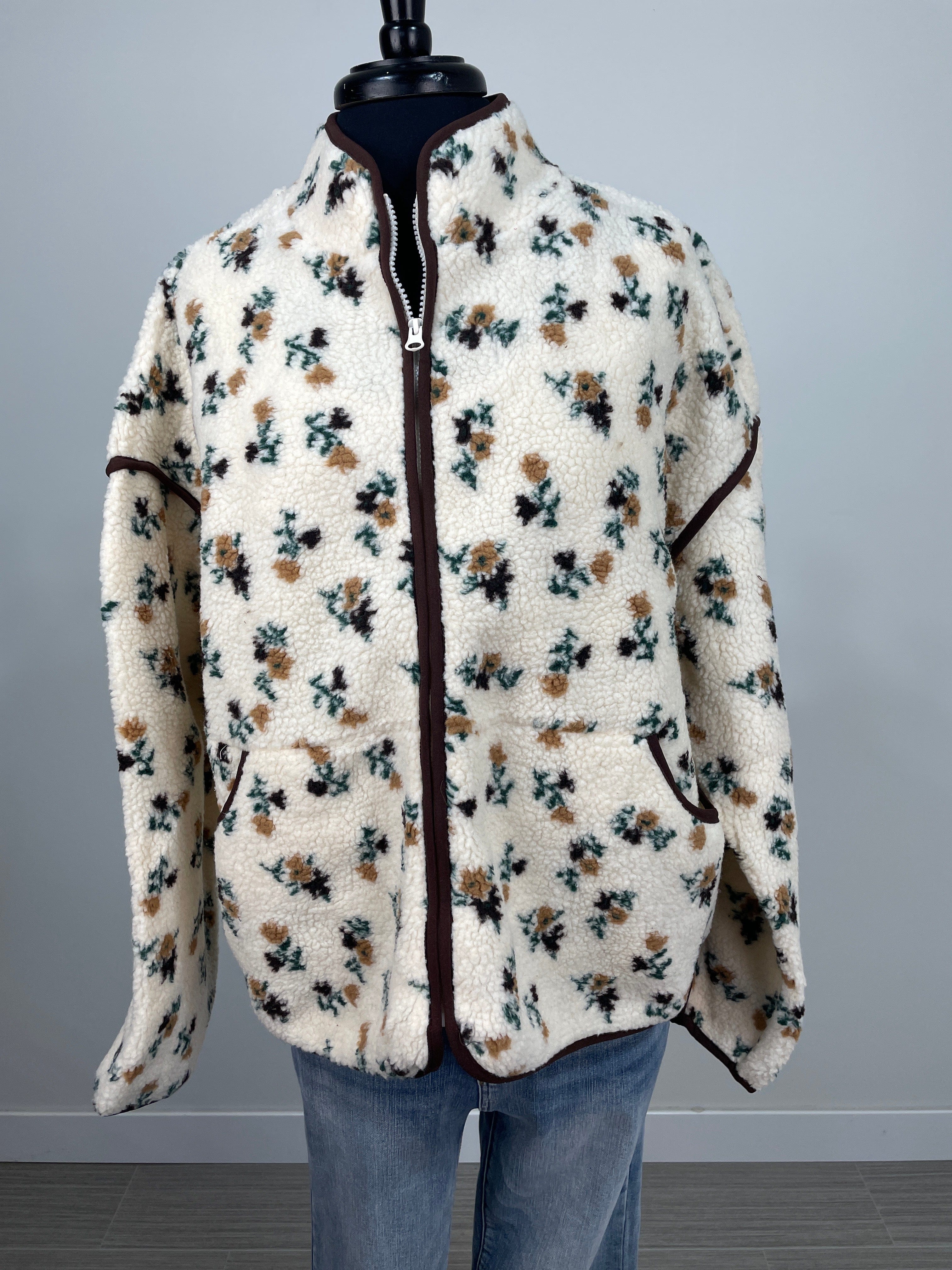 Cream Flower Fleece Sherpa Jacket