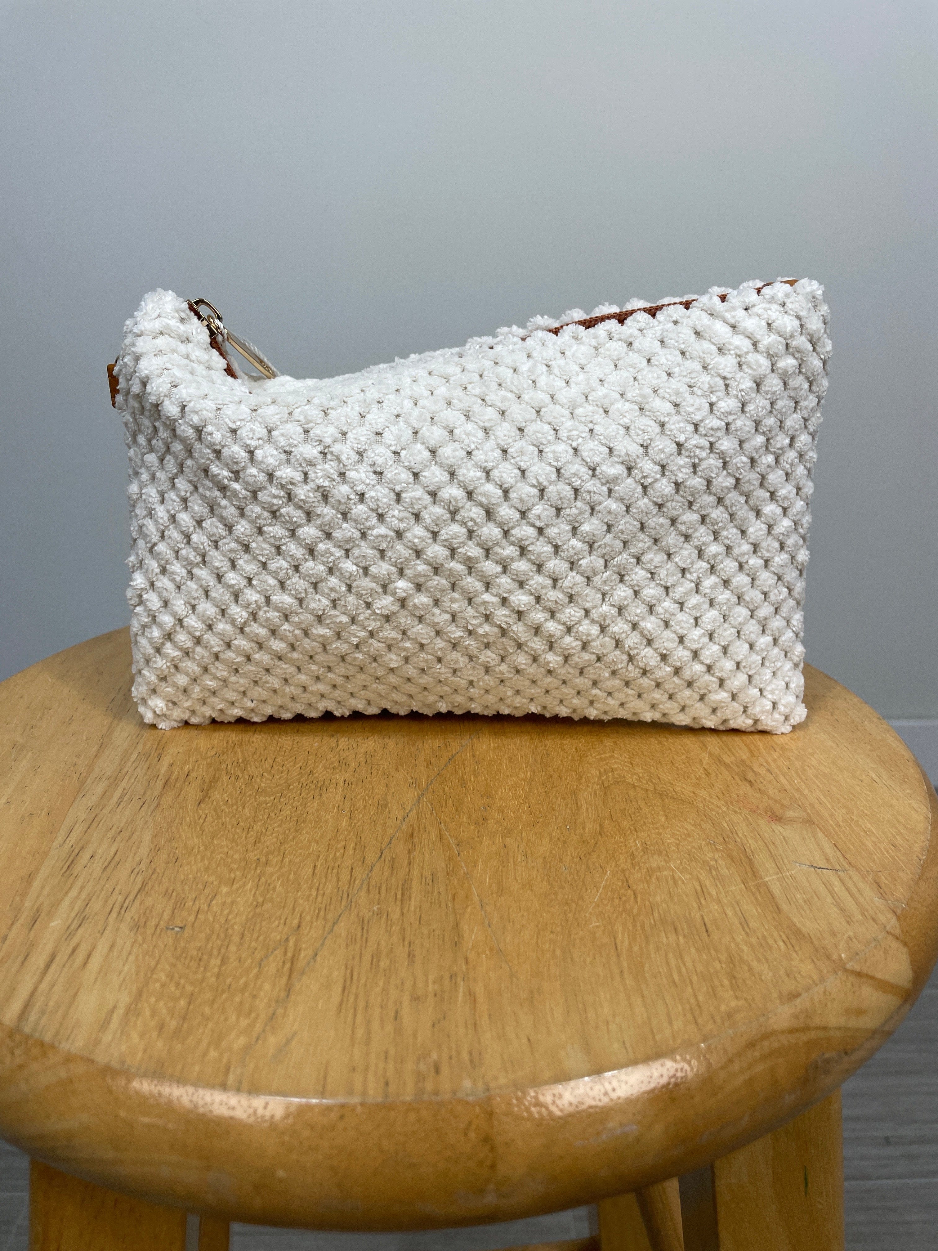 Ivory Terry Cloth Textured Wristlet Pouch Bag
