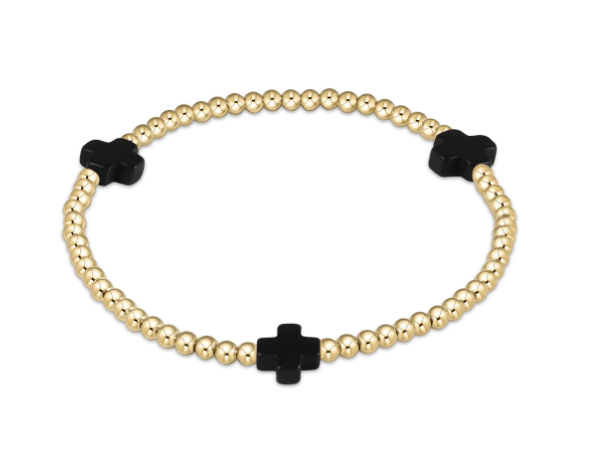 Signature Cross Gold Pattern 3mm Bead Bracelet - Onyx