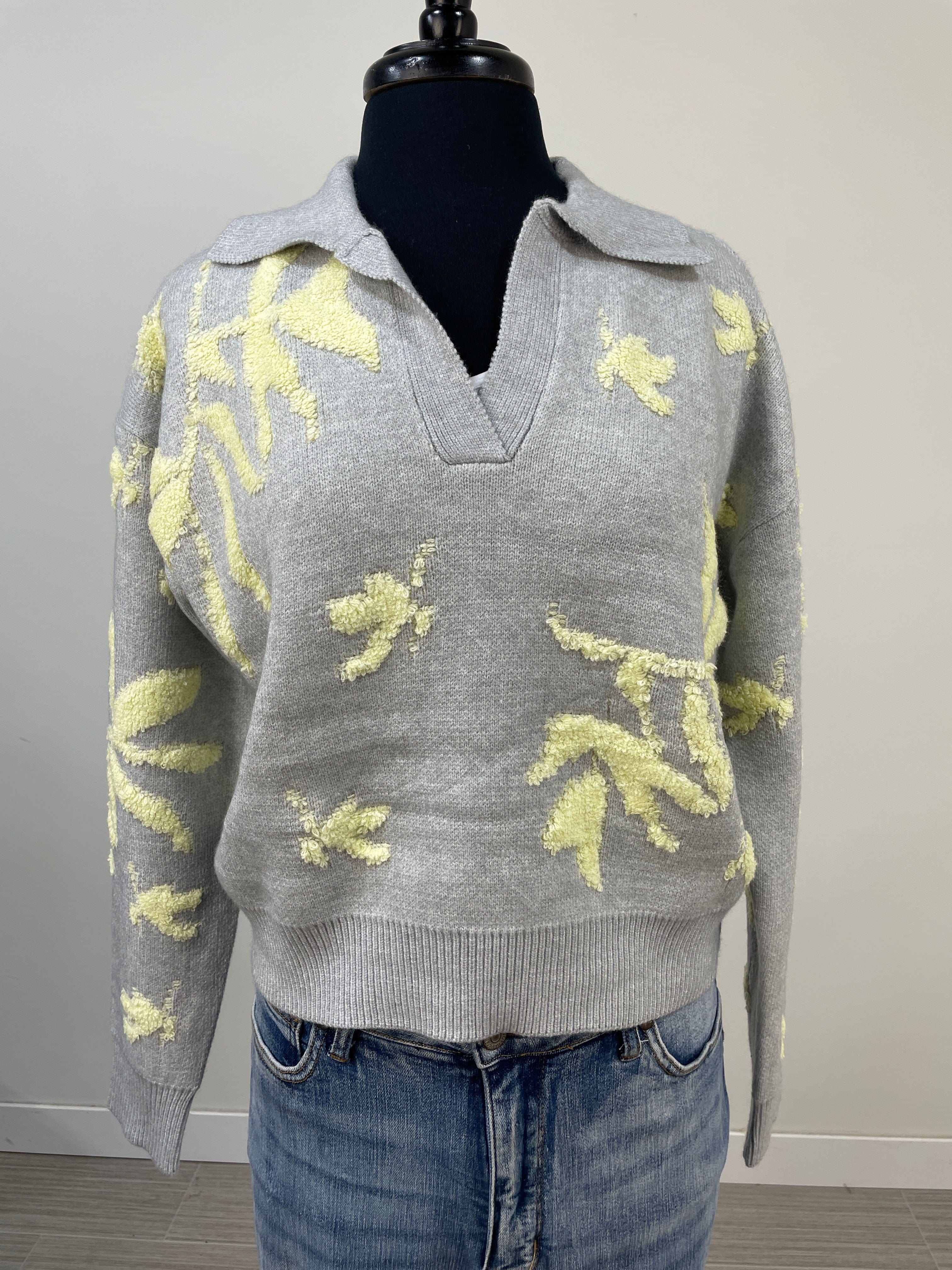 Grey & Yellow Frond Pullover Sweater
