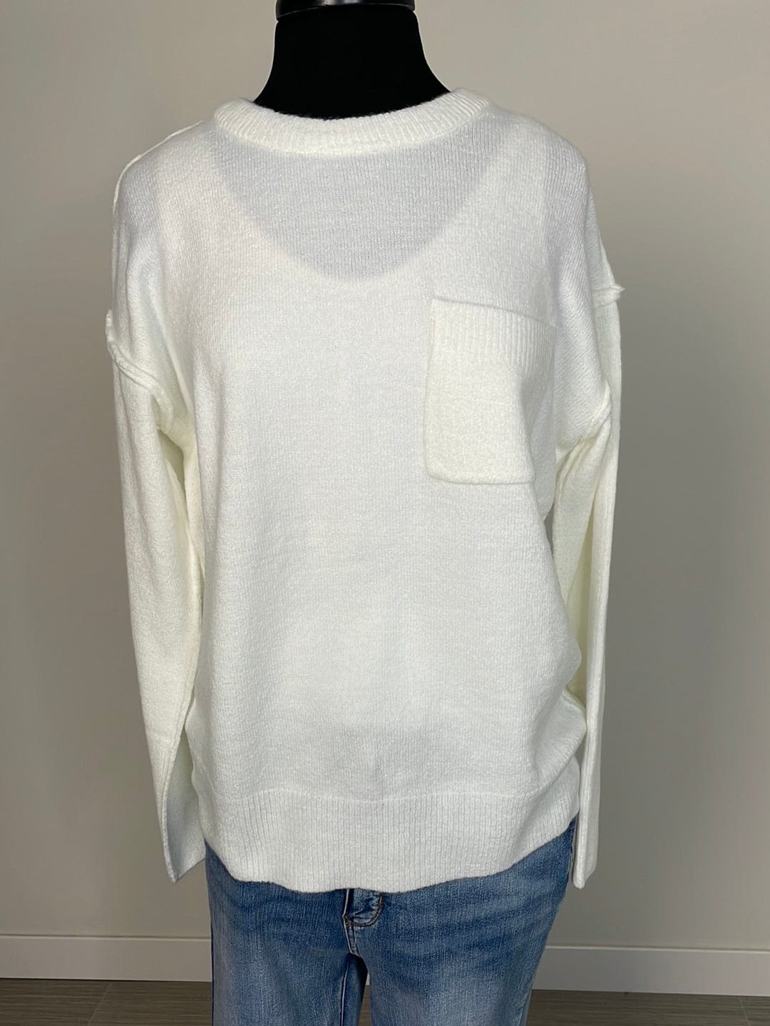 Ivory Pocket Round Neck Sweater
