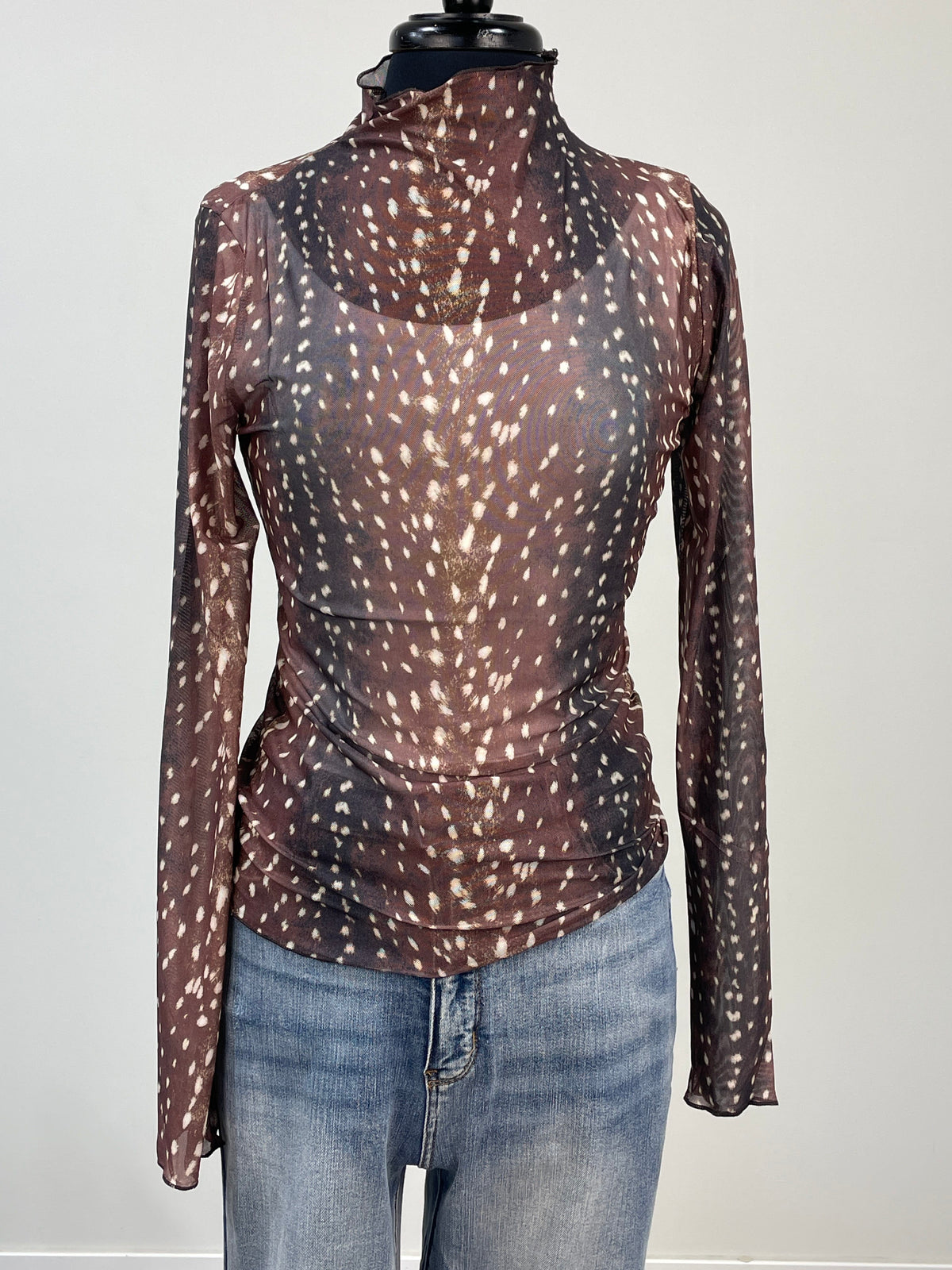 Brown Fawn Print Mesh Top