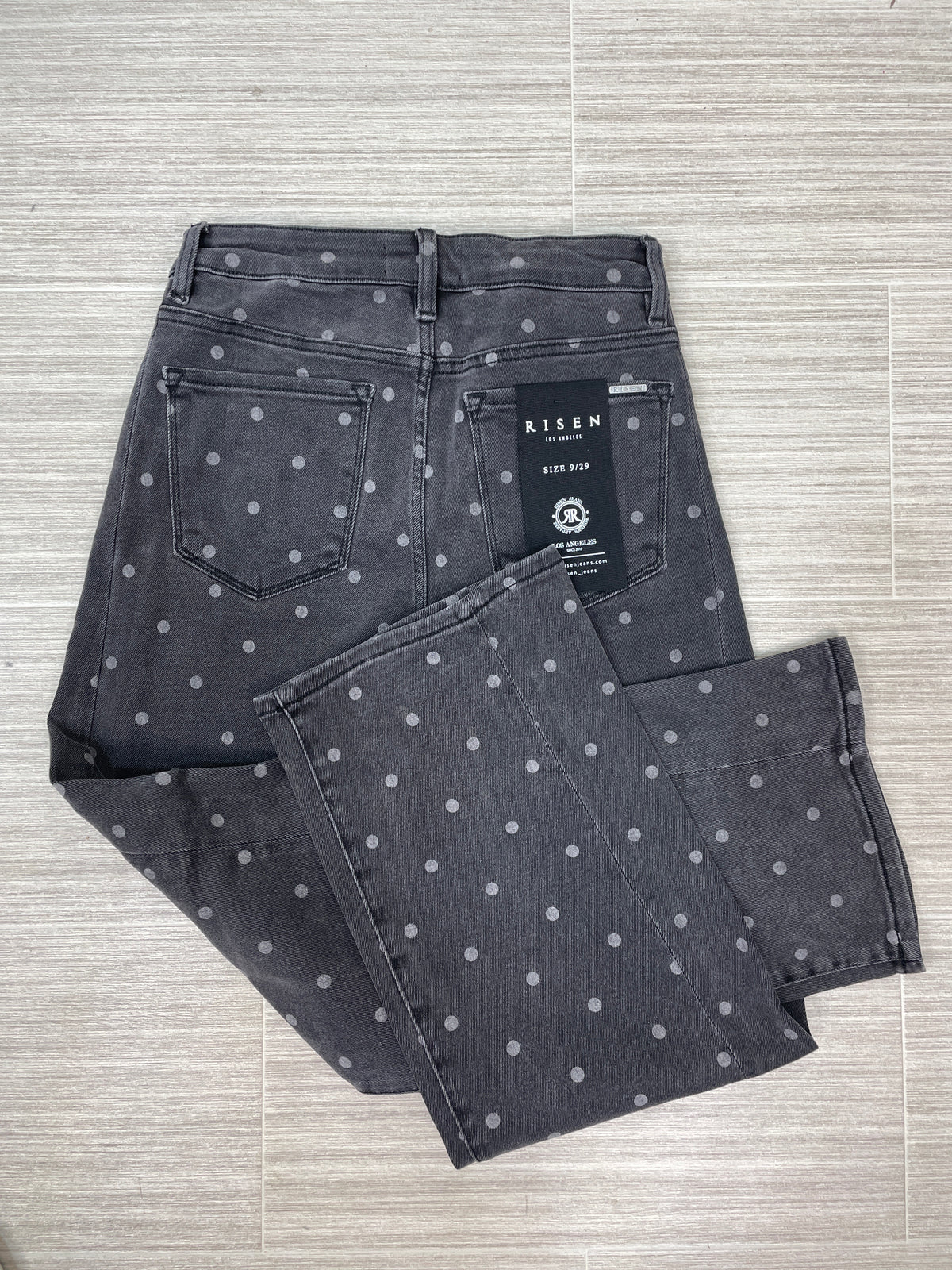 Grey Polka Dot High Rise Straight Ankle Denim