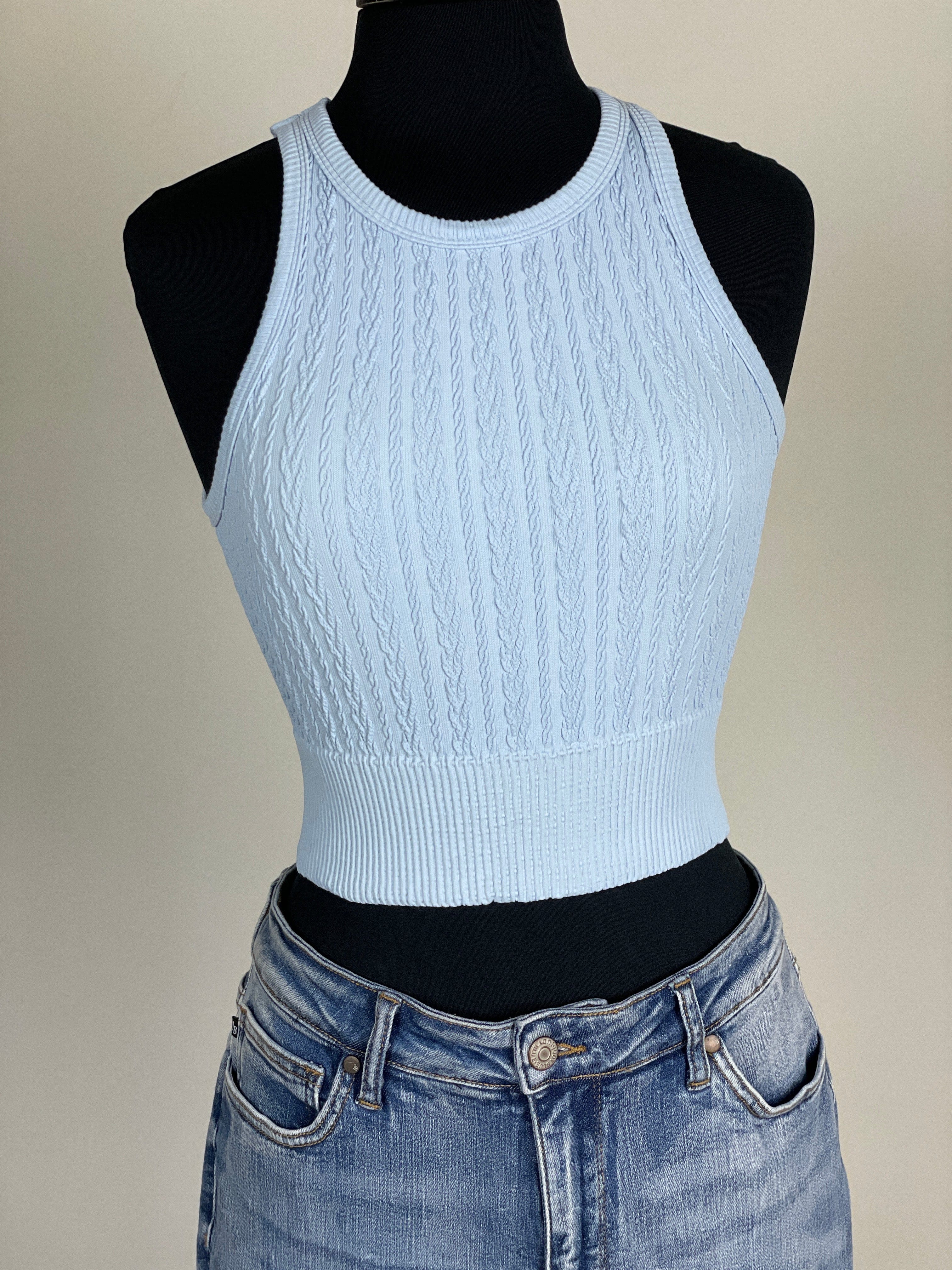Cashmere Blue Cable Knit Highneck Crop Top
