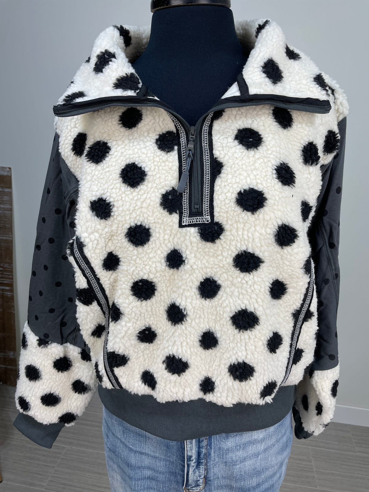 Ivory Polka Dot 1/4 Zip Fleece Pullover