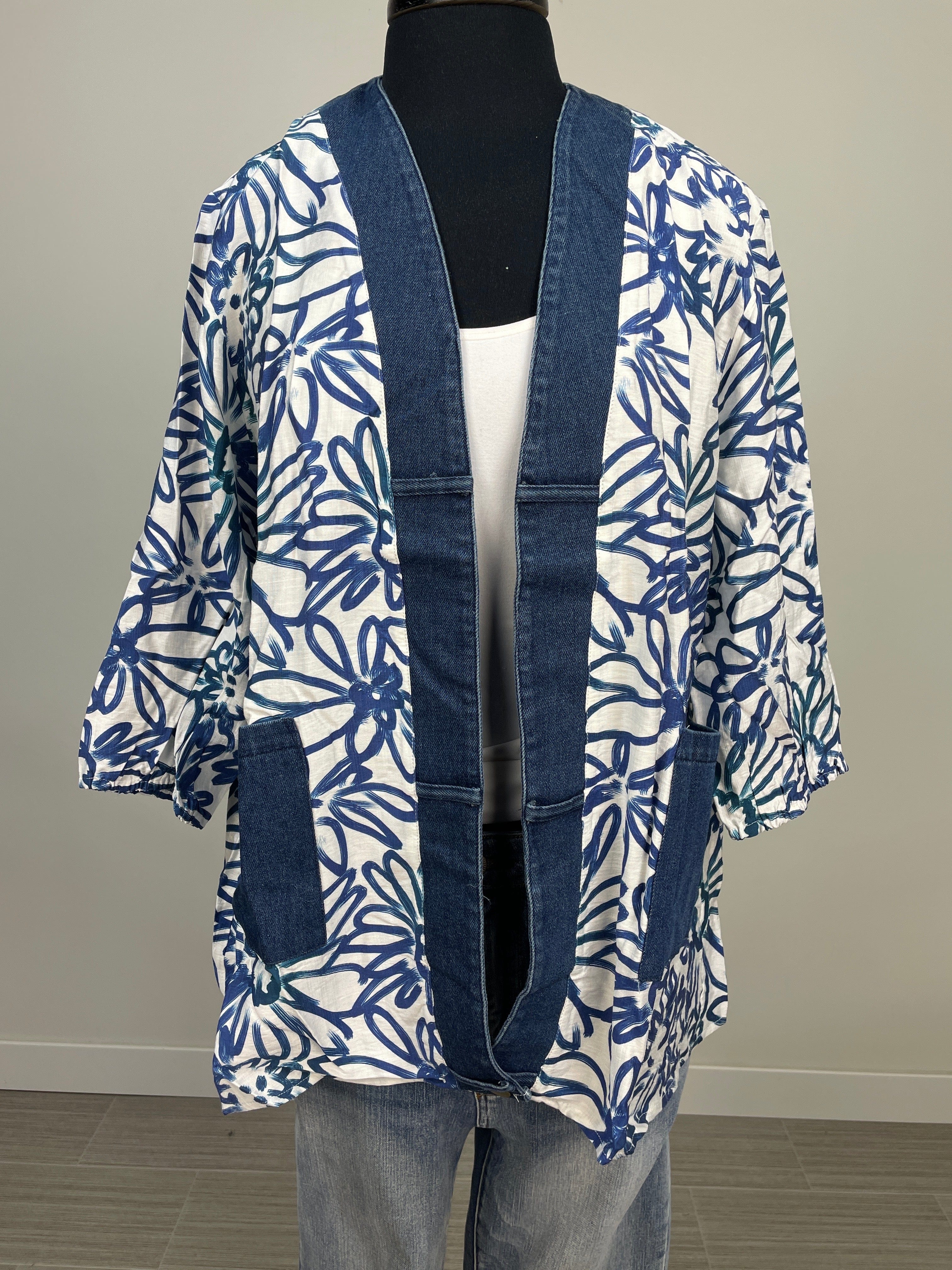 Blue Floral Denim Detail Open Cardigan
