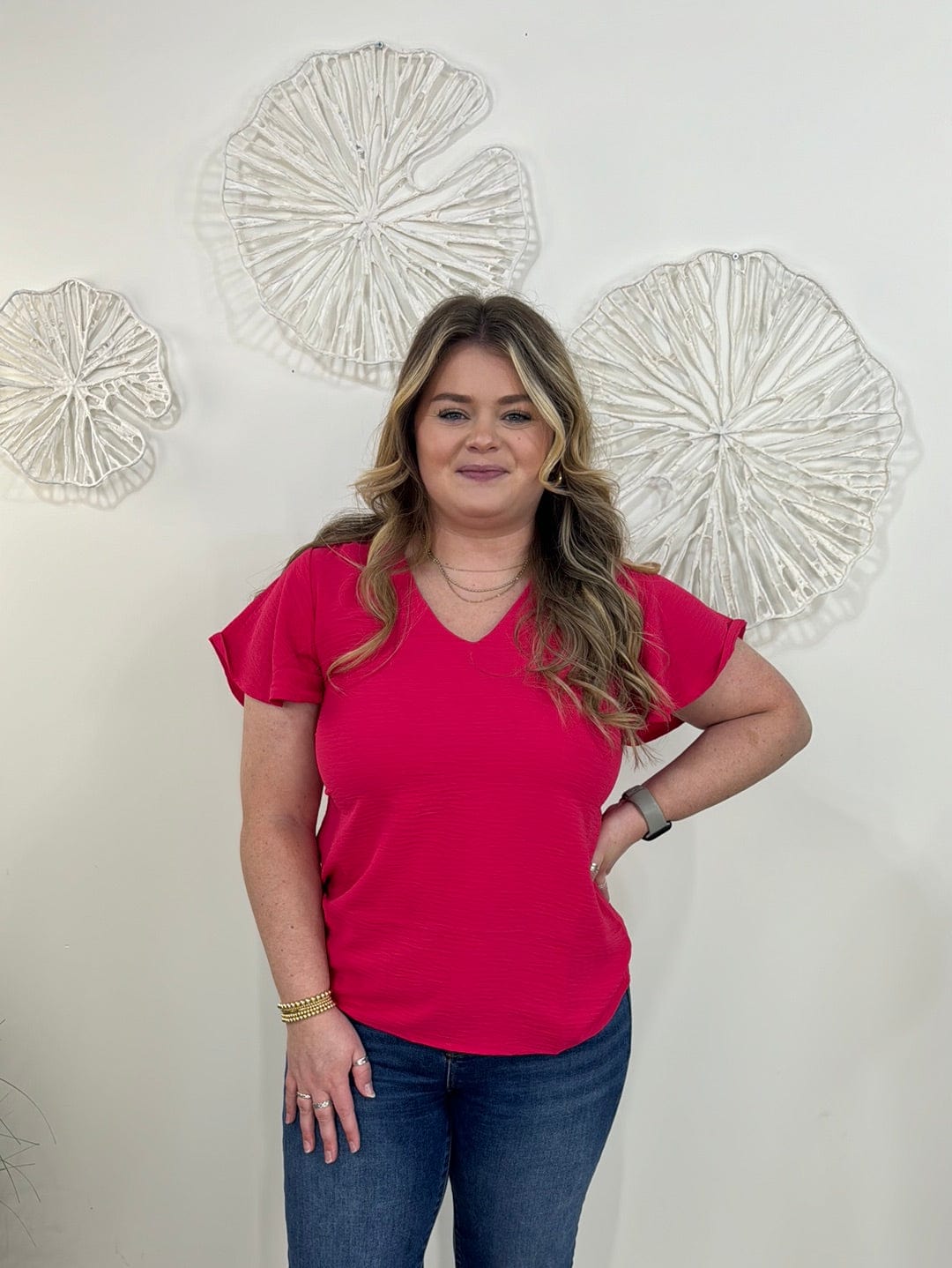 Viva Magenta Woven Flutter Sleeve Top