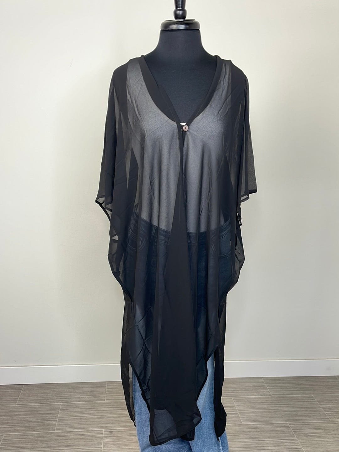 Black Long Button Front Sheer Cover Up