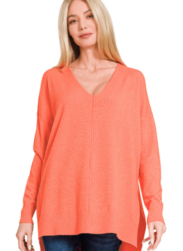 Heathered Coral V-Neck Butter Sweater