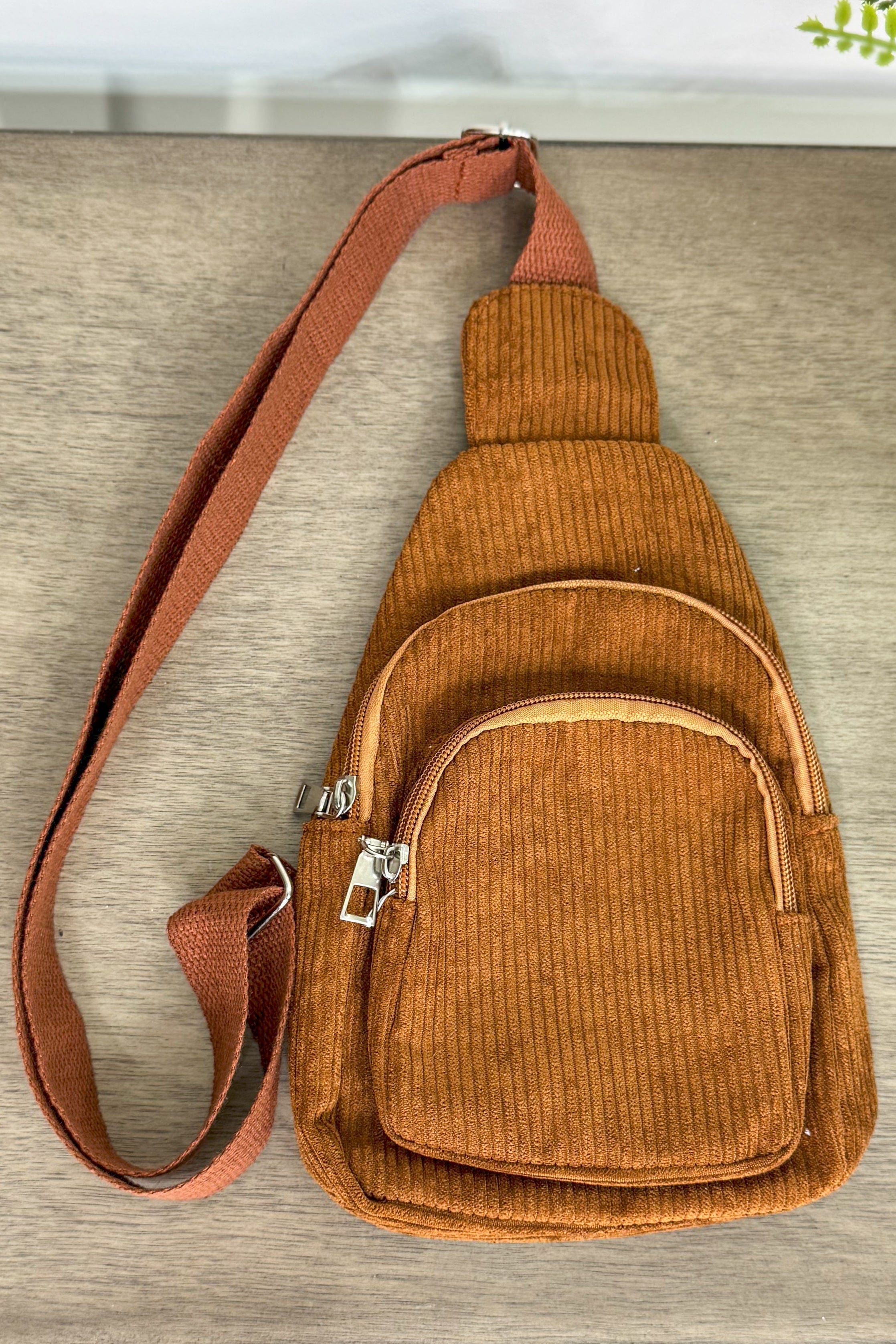 Camel Corduroy Crossbody Sling Bag