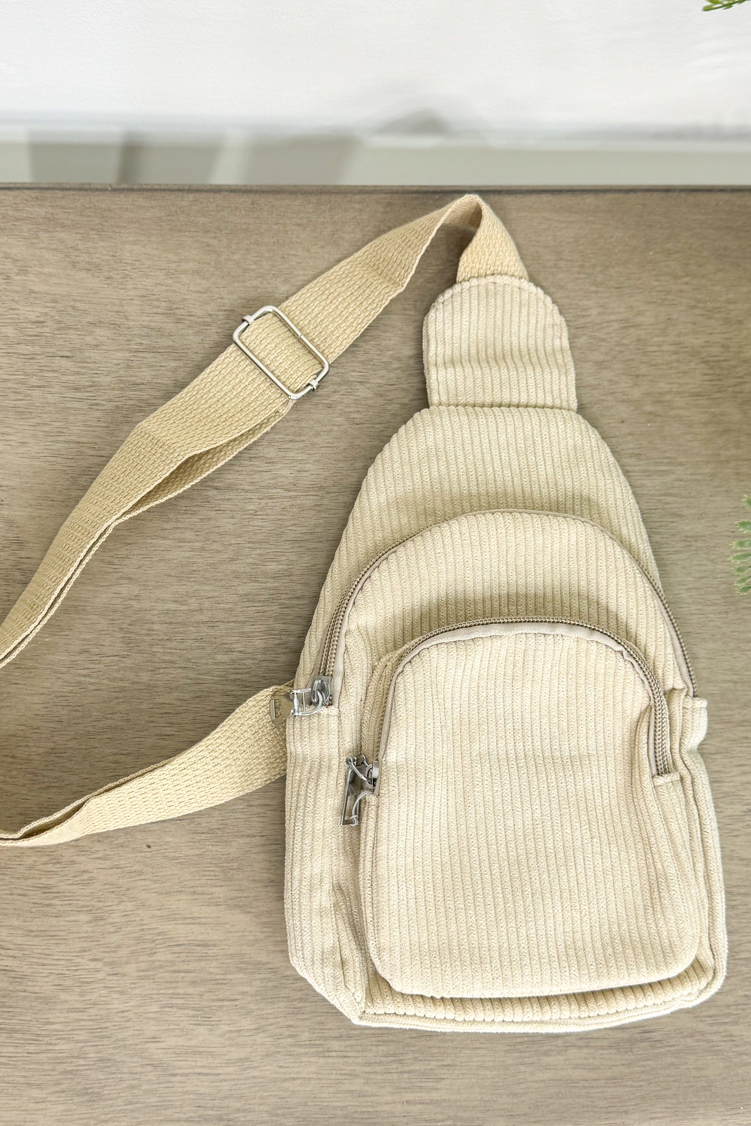 Sand Beige Corduroy Crossbody Sling Bag