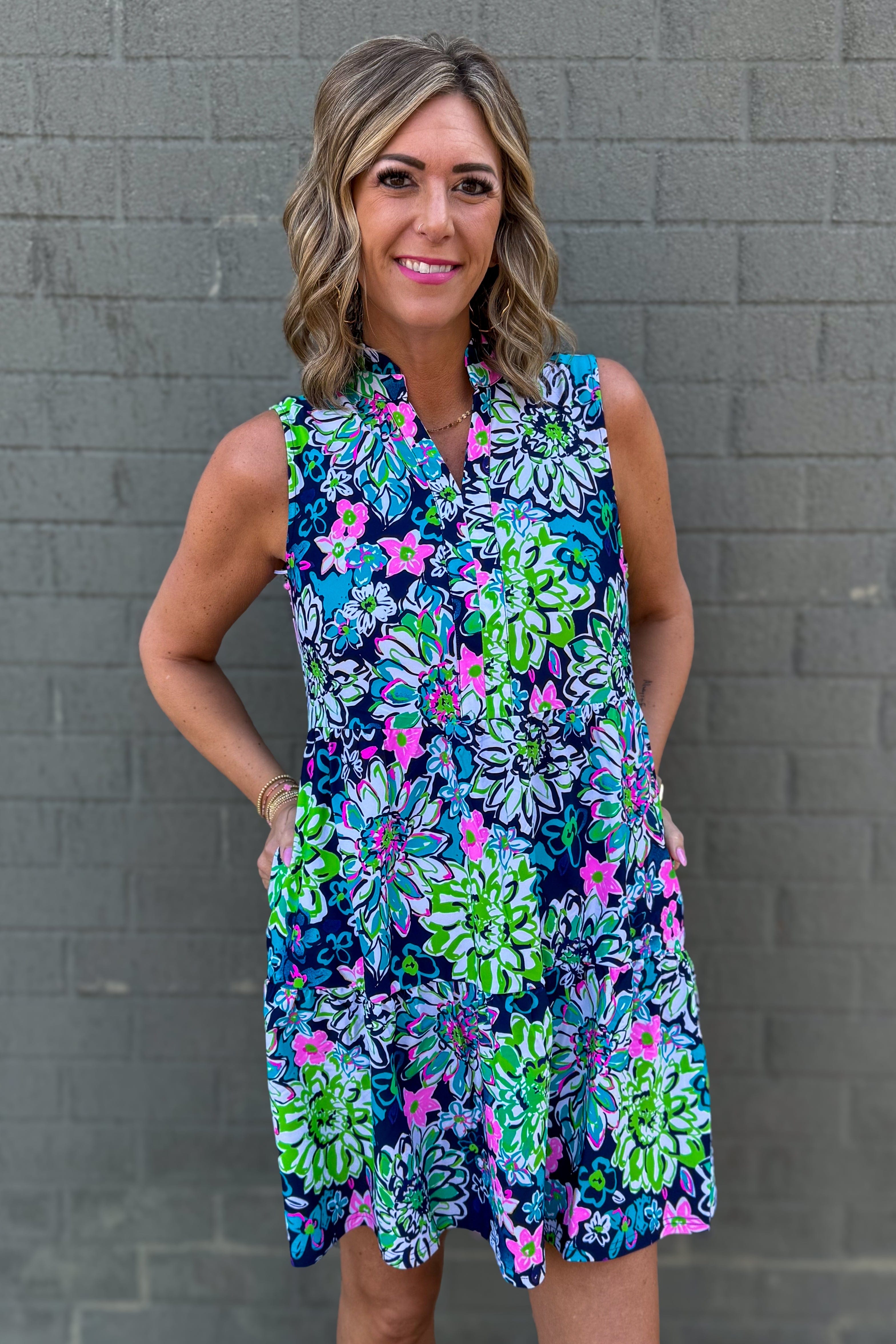 Navy Bright Floral Laison Tiered Dress