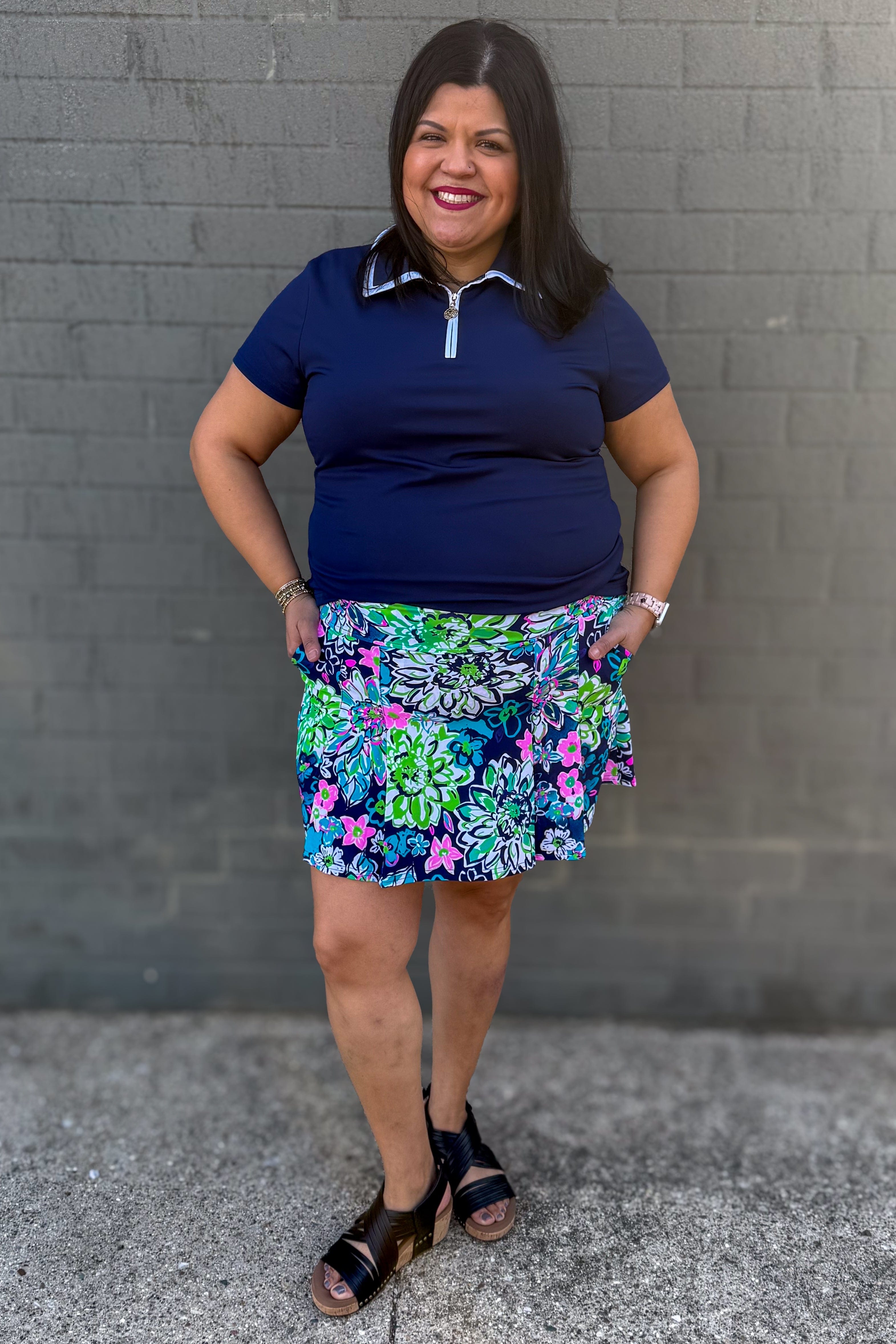 Navy Bright Floral Elowyn Pleated Skort Styled