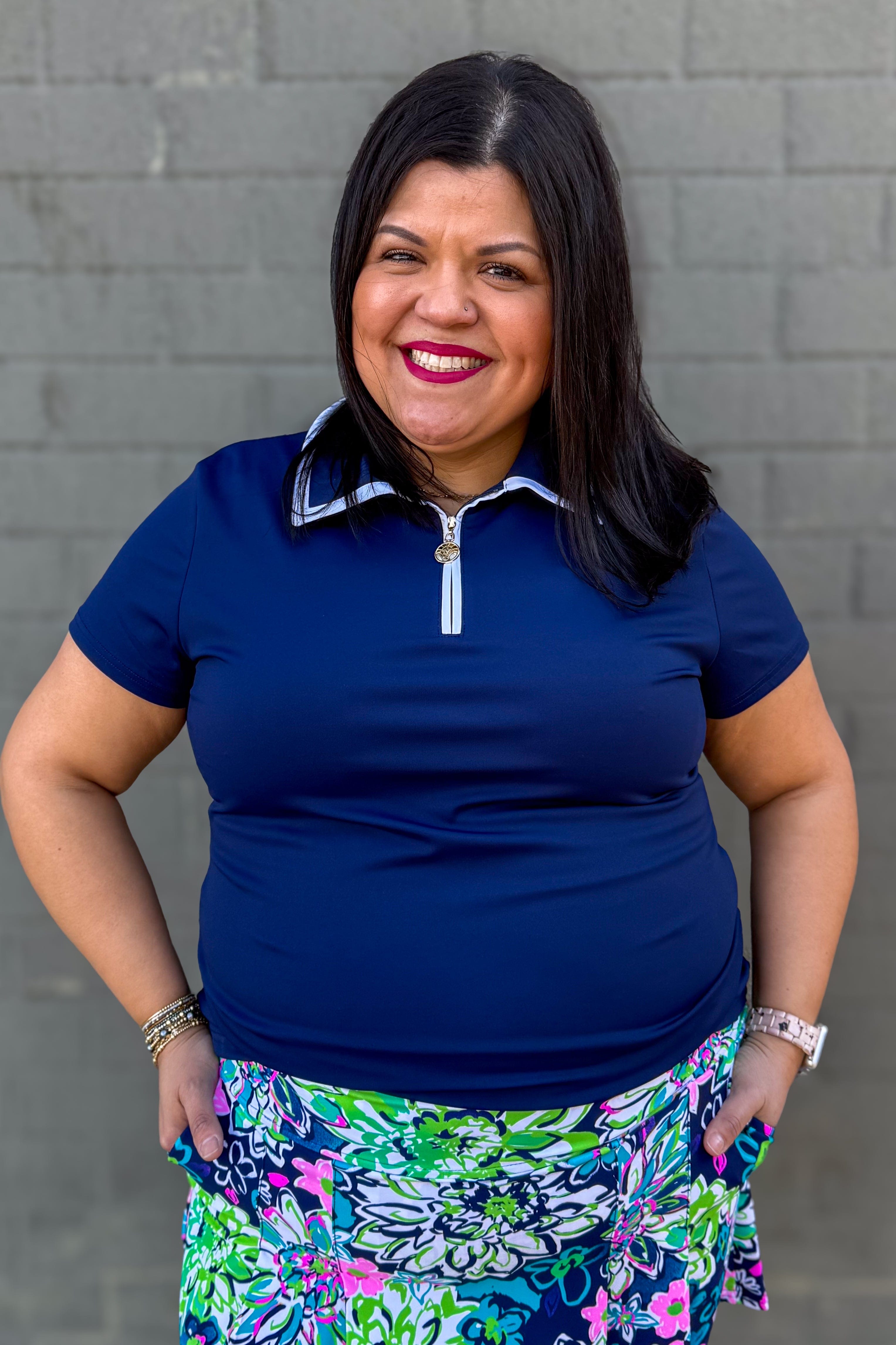 Navy with White Trim Amaia Front Zip Polo Top