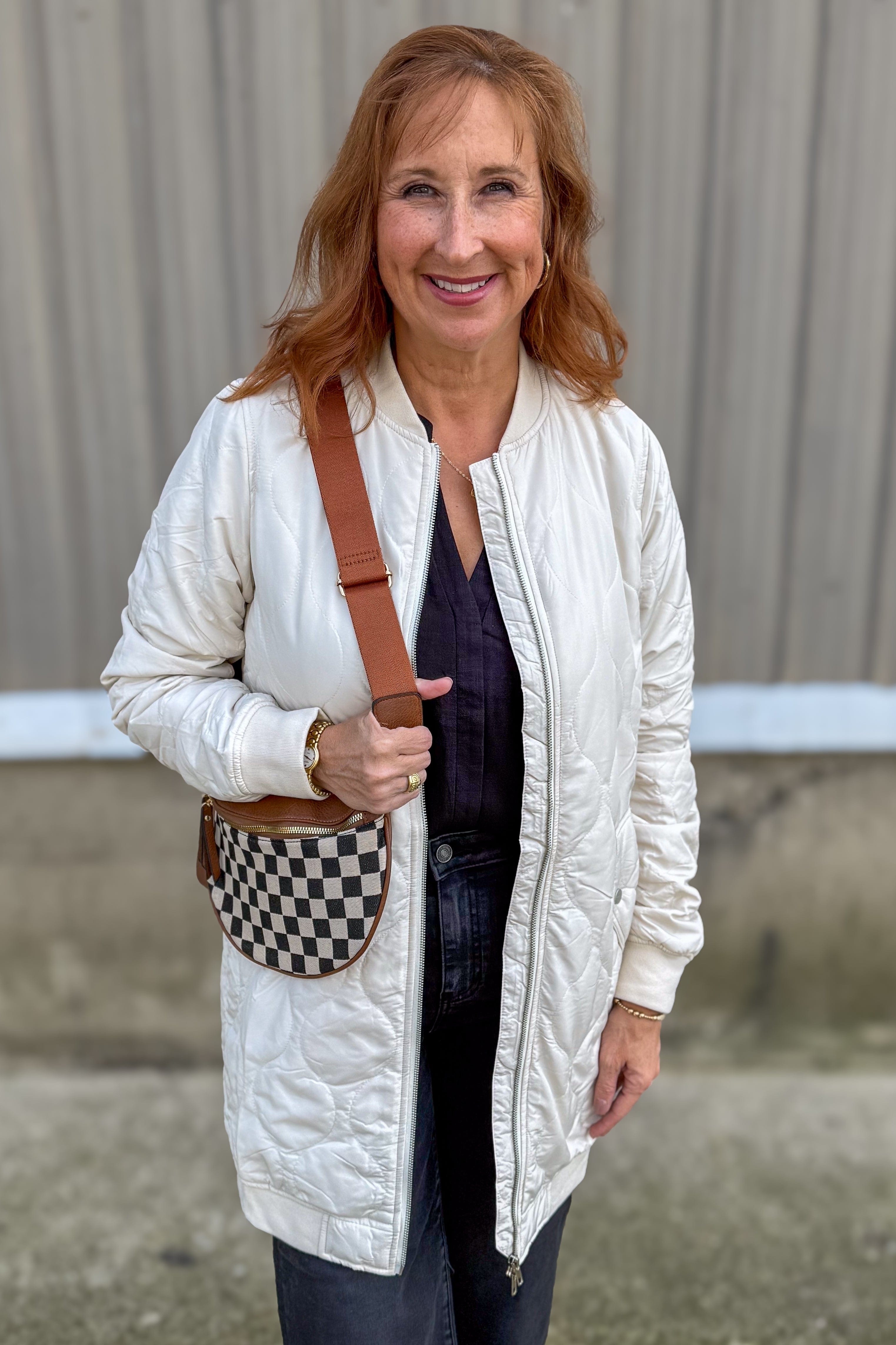 Ivory Quilted Long Bomber Jacket