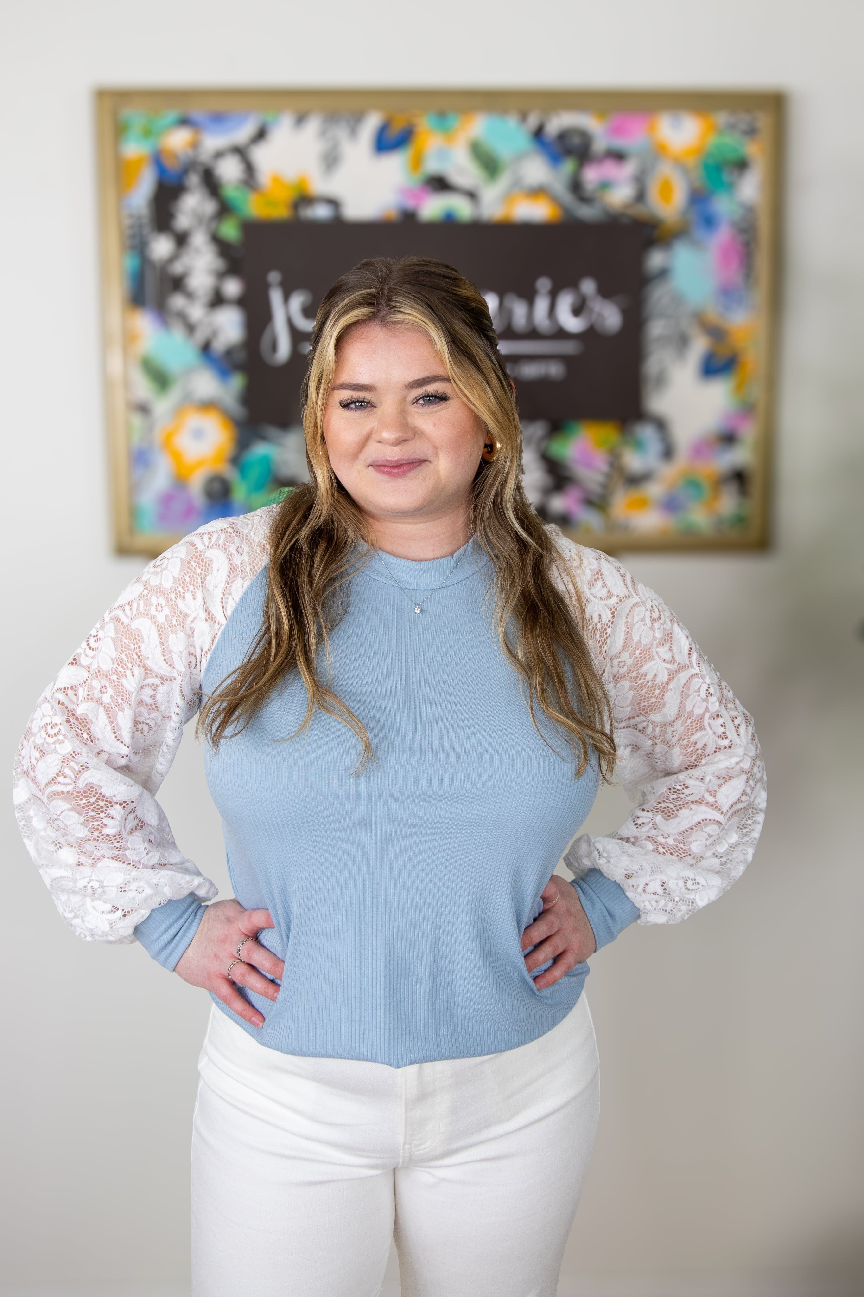 Sky Blue Floral Lace Longsleeve Top