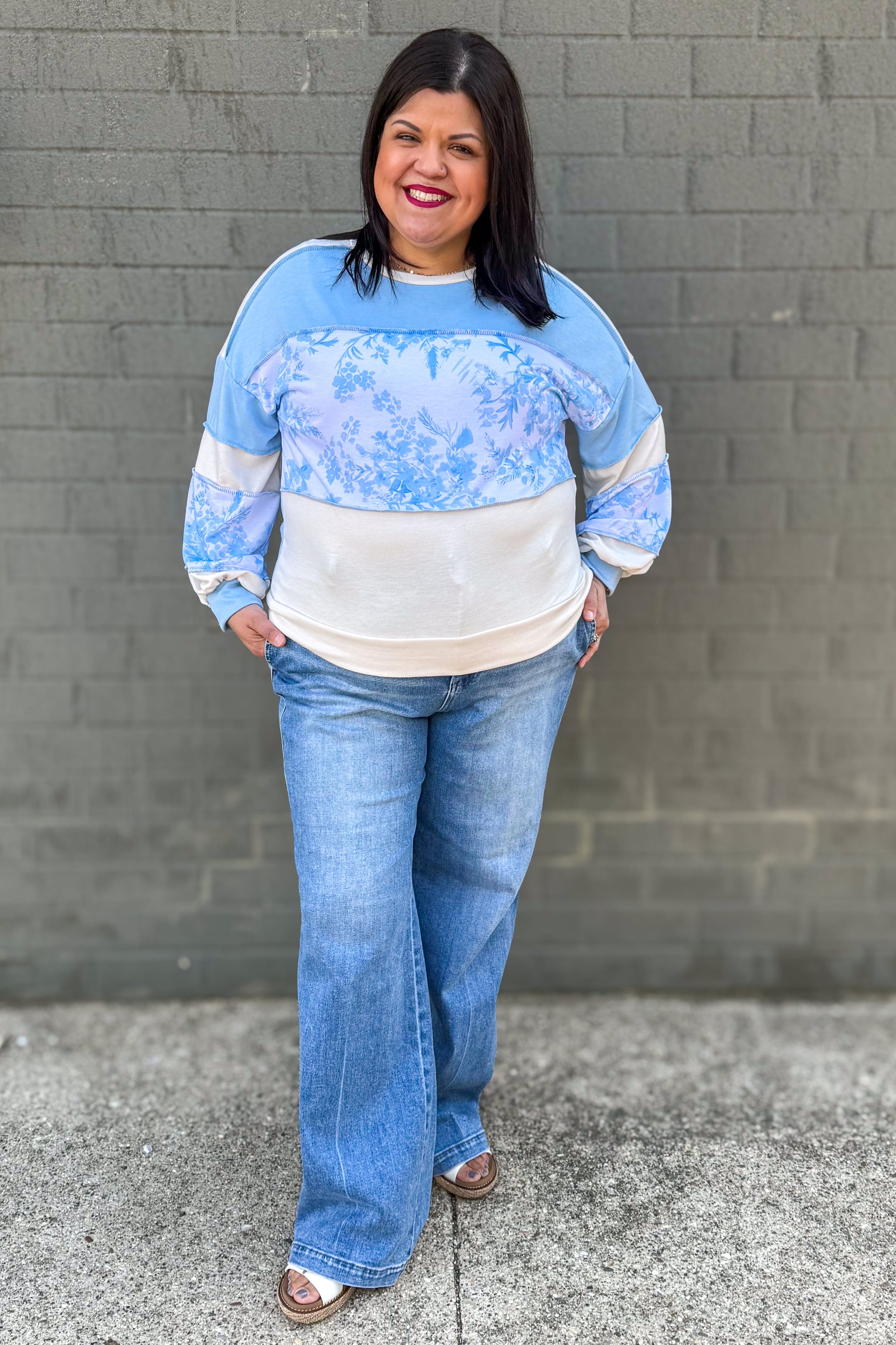Cream & Light Blue Floral Colorblock Long Sleeve Top Styled
