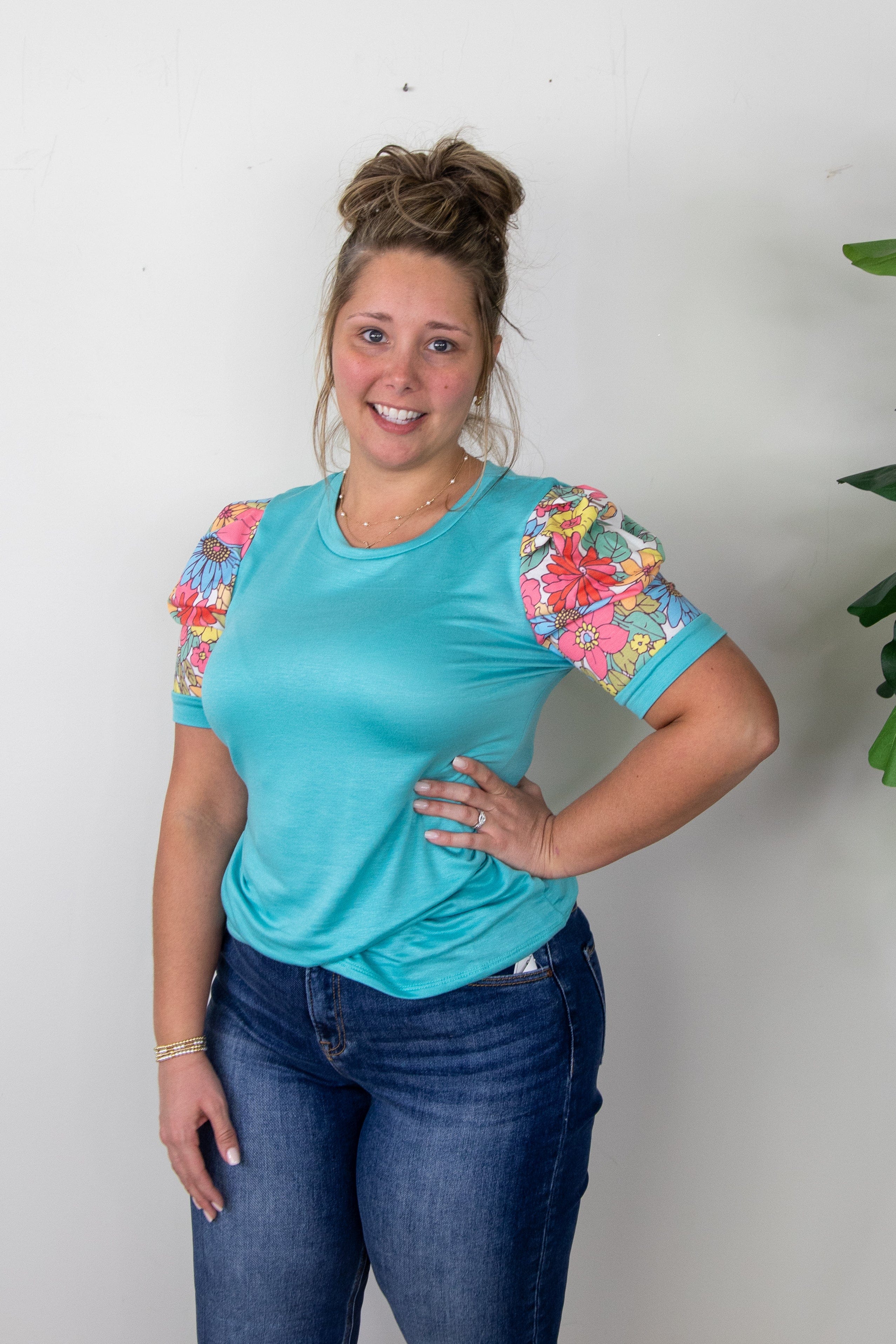 Teal w/Floral Shortsleeve Top