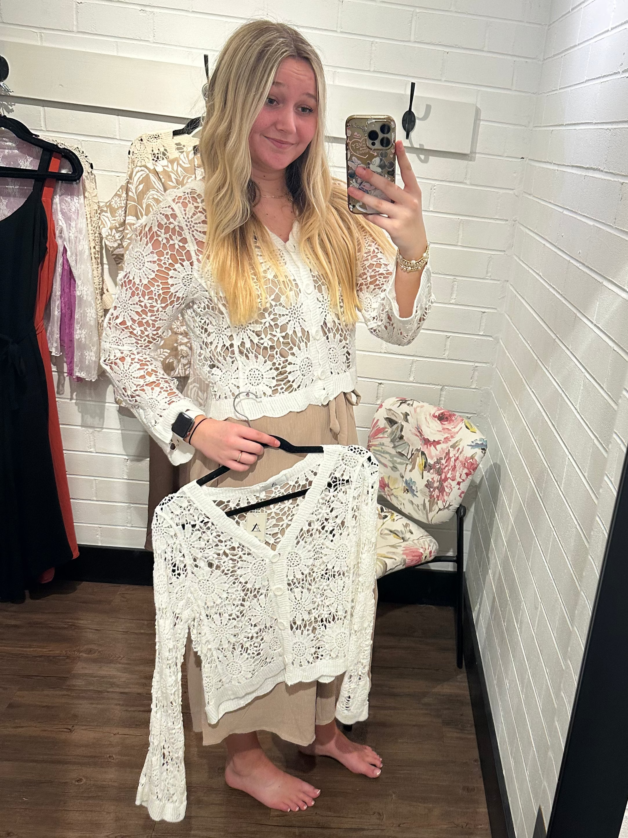 White Floral Crochet Button Up Cardigan