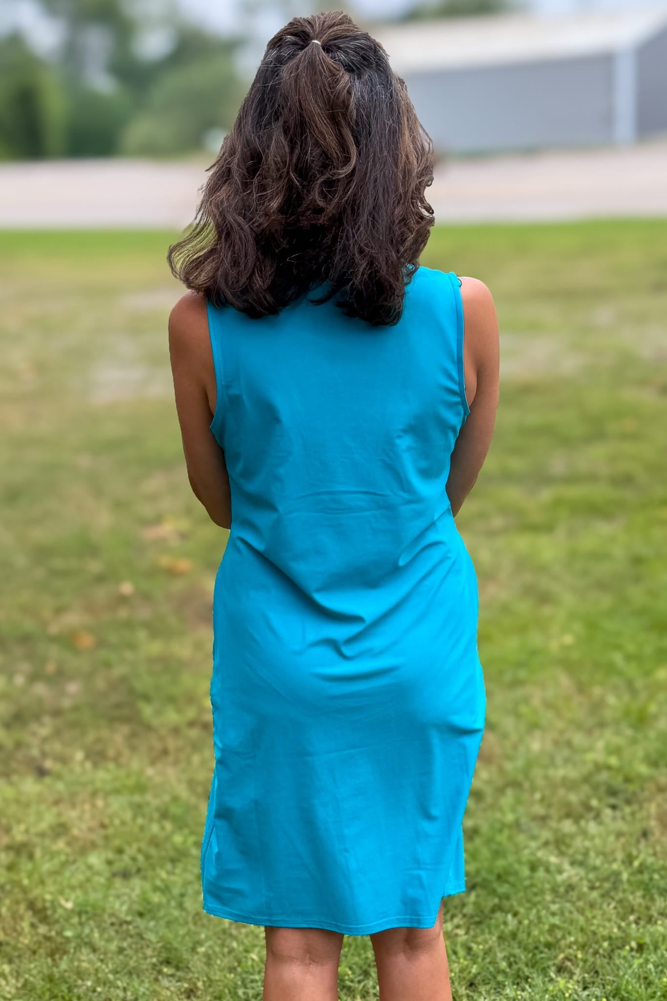 Teal Ruffle Neck Avery Dress Back