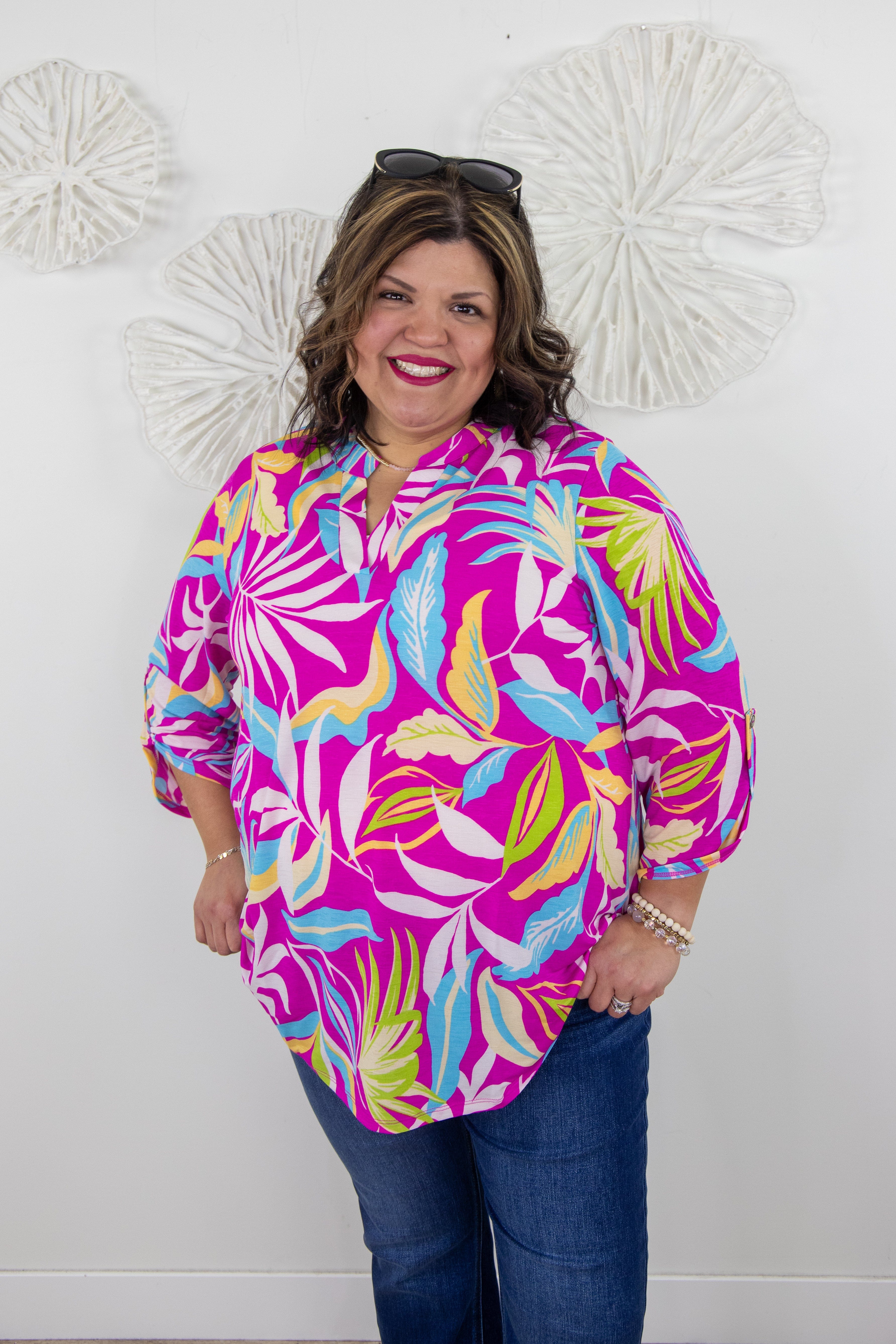 Magenta Tropical Leaves Top