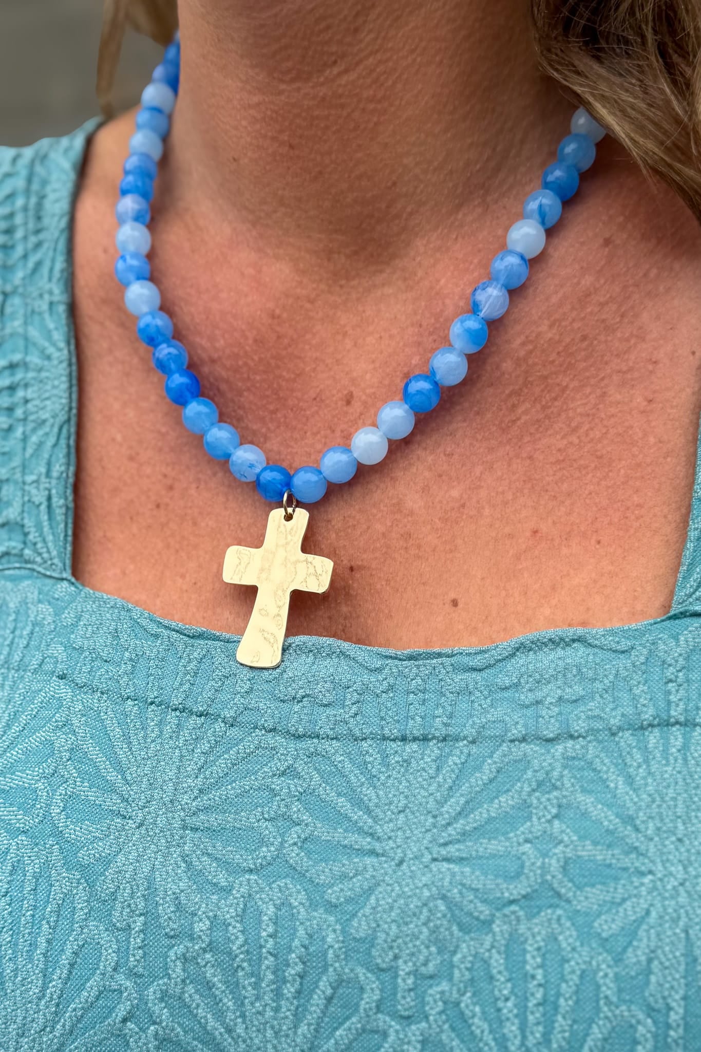 Blue Marble Cross Beaded Necklace