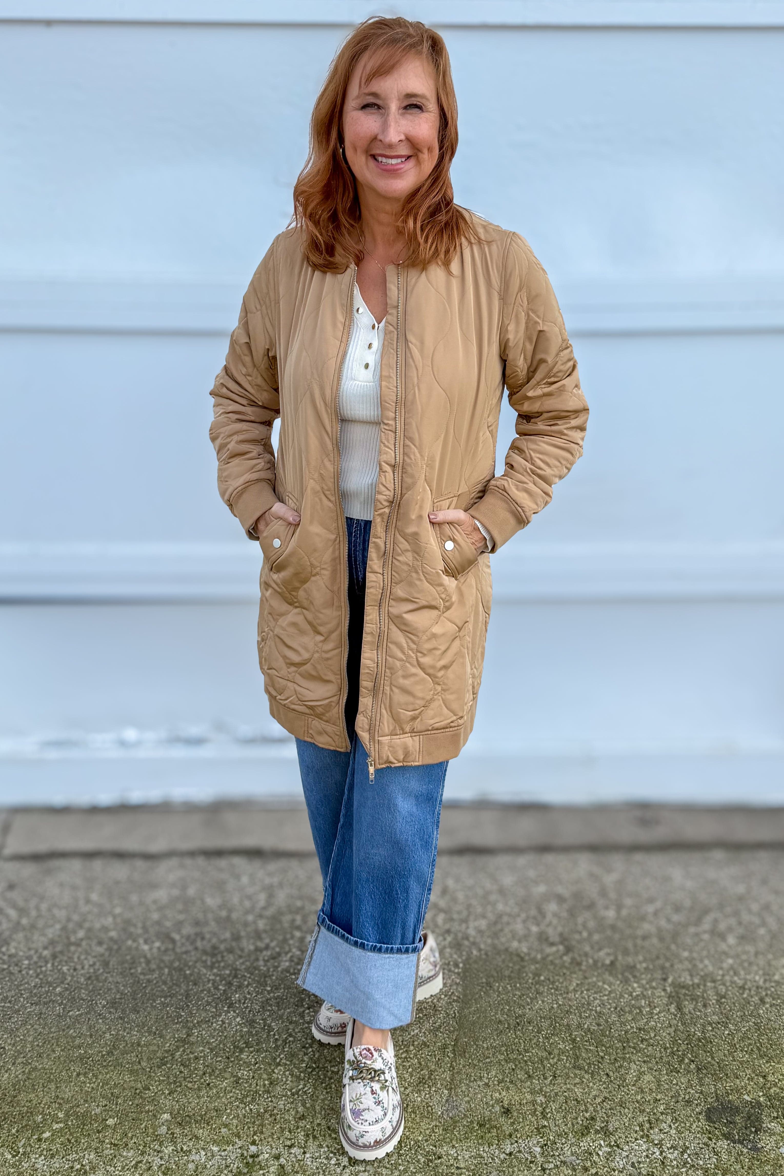Latte Quilted Long Bomber Jacket