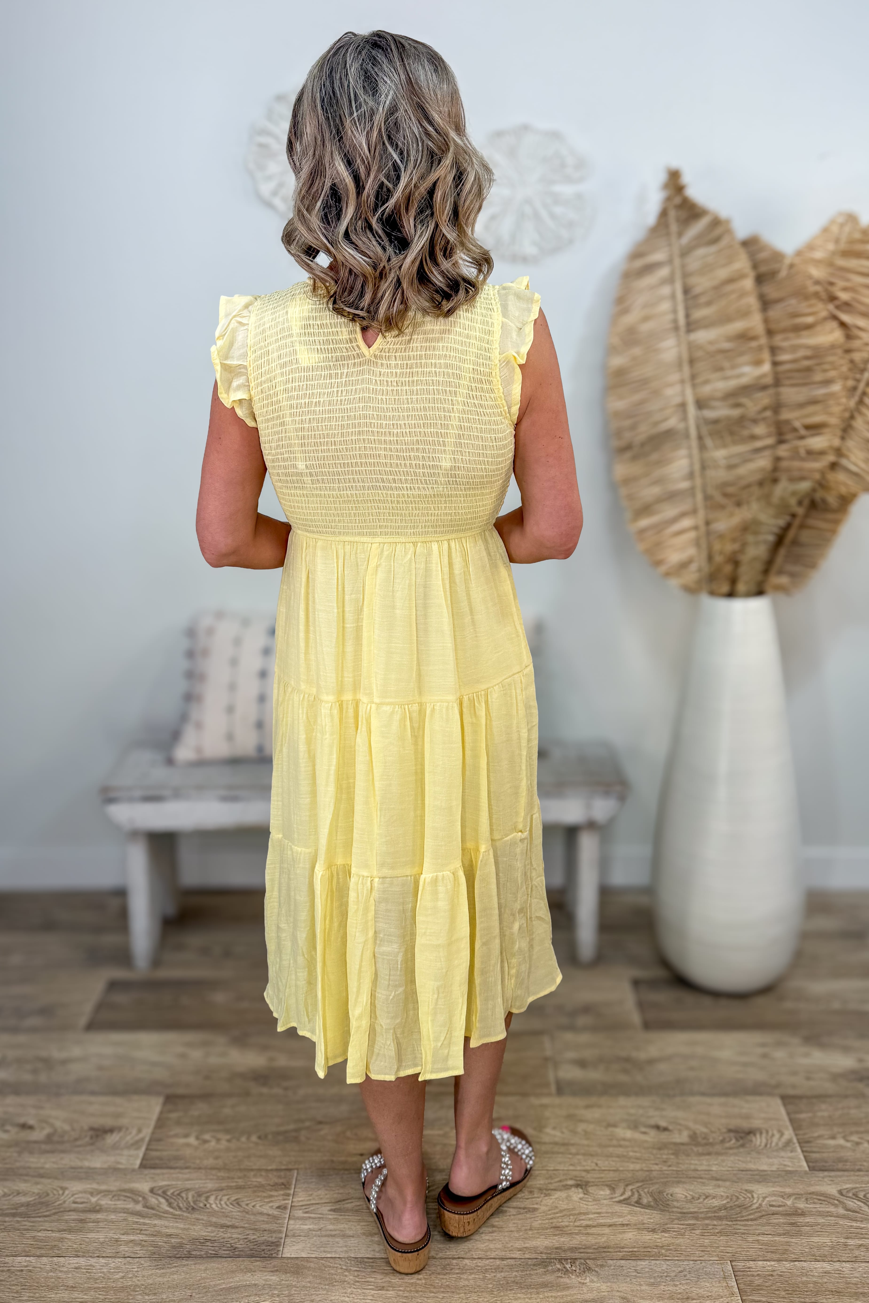 Light Yellow Tiered Smocked Midi Dress -Back