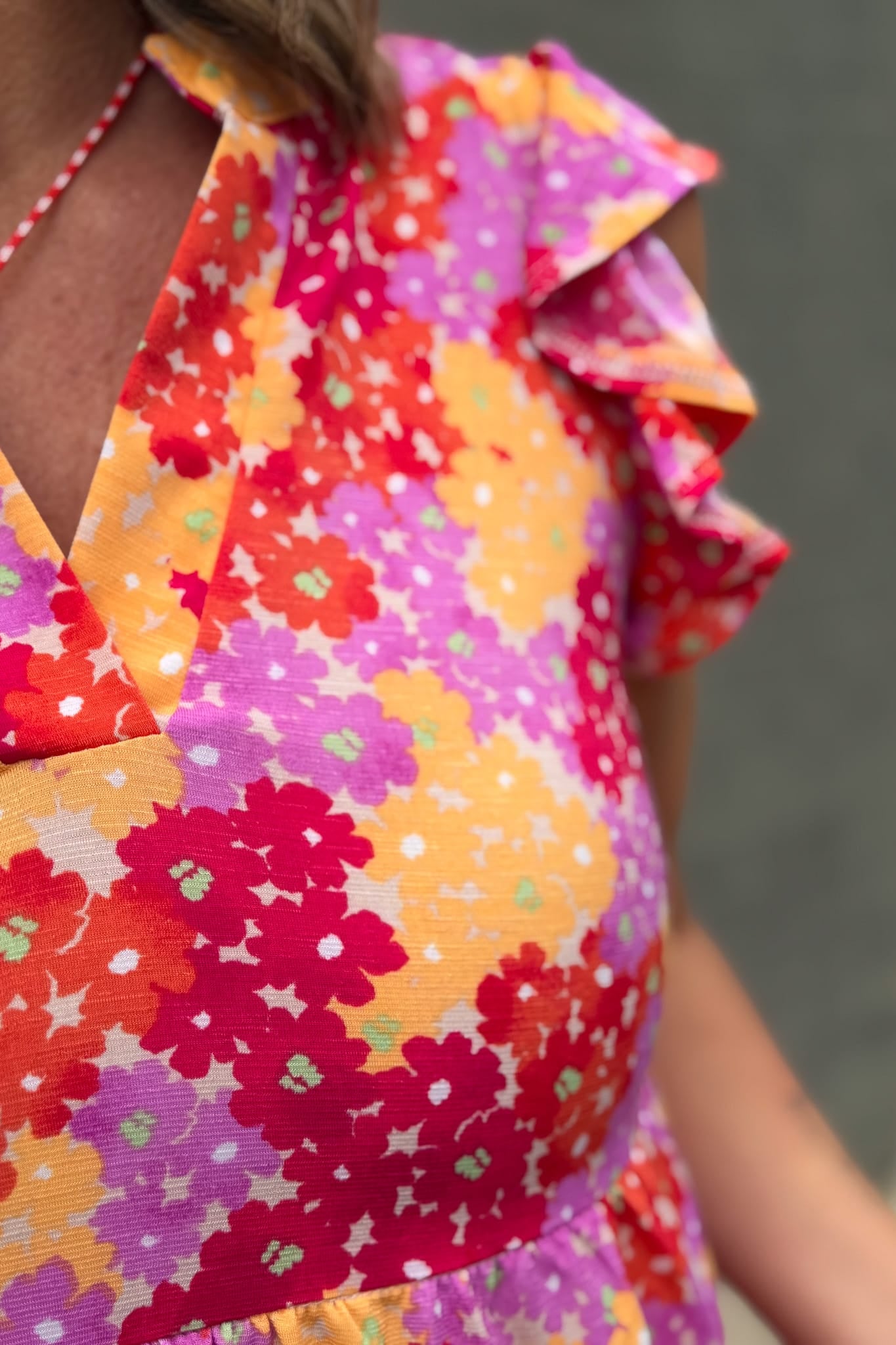 Multi Floral Ruffle Sleeve Tier Dress Detail