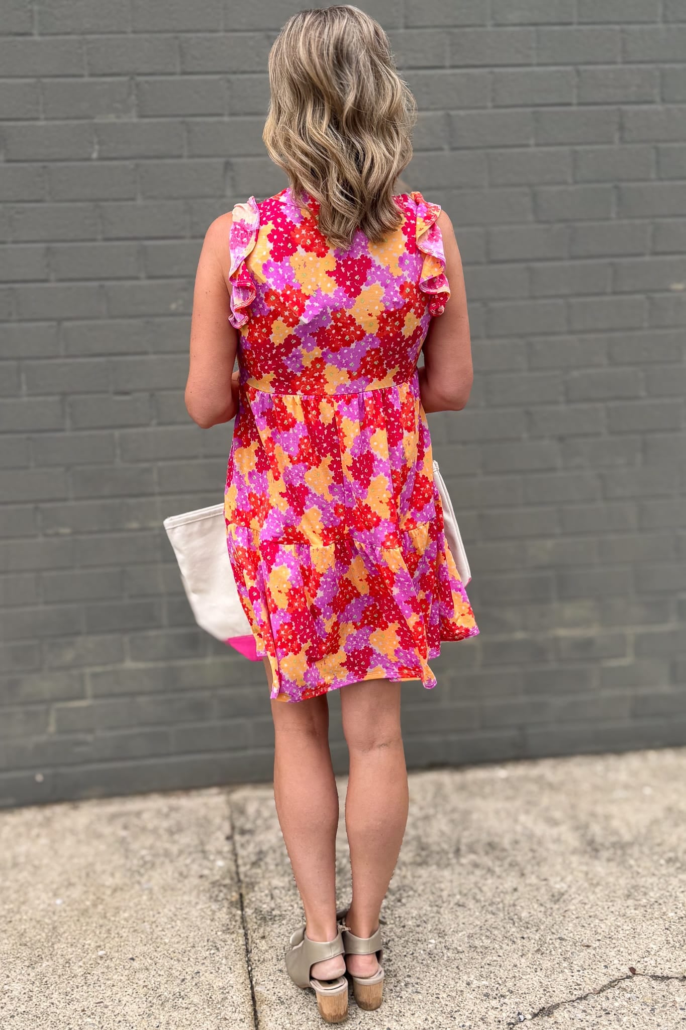 Multi Floral Ruffle Sleeve Tier Dress Back
