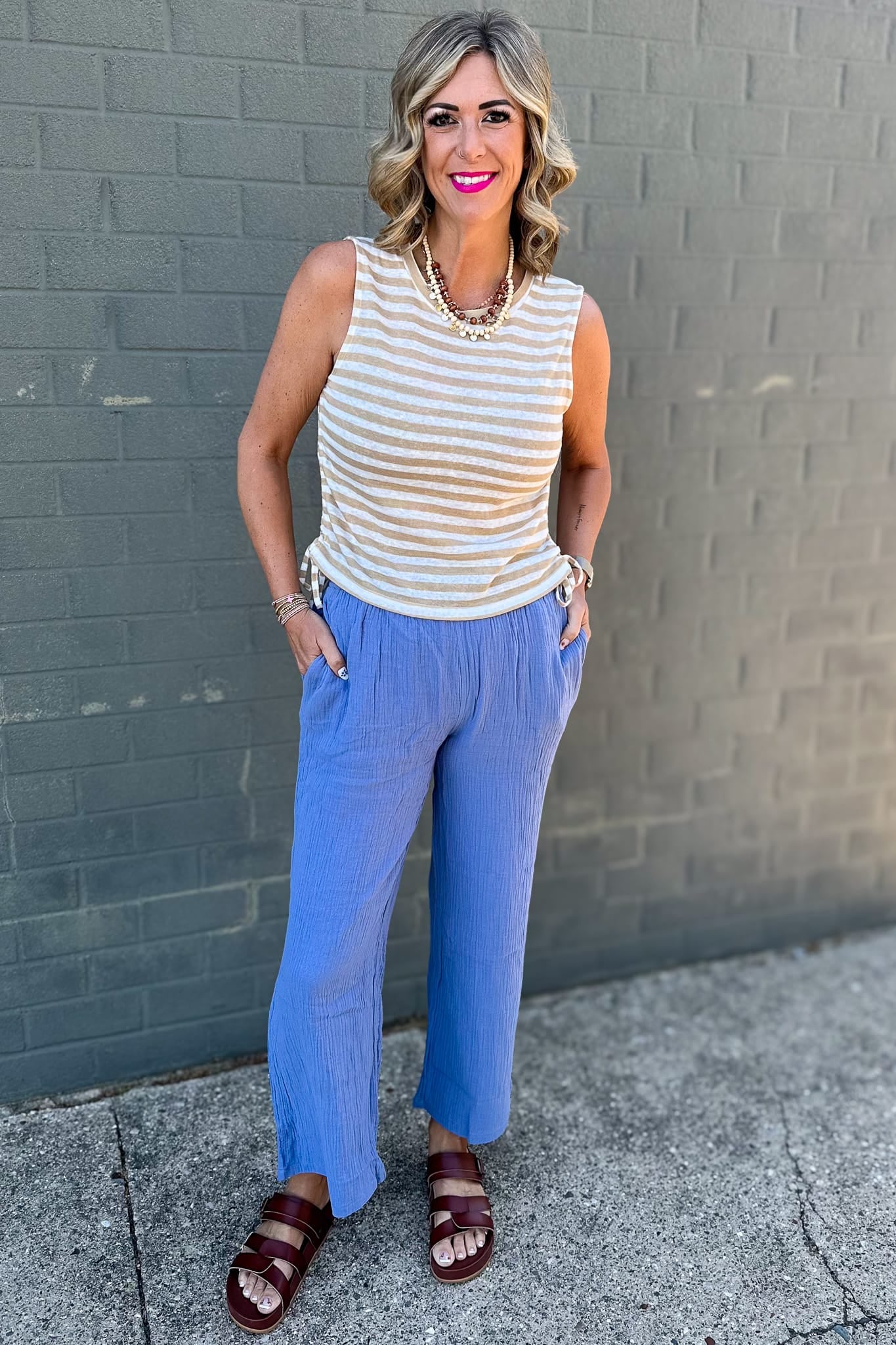 Taupe Stripe Ruched Top