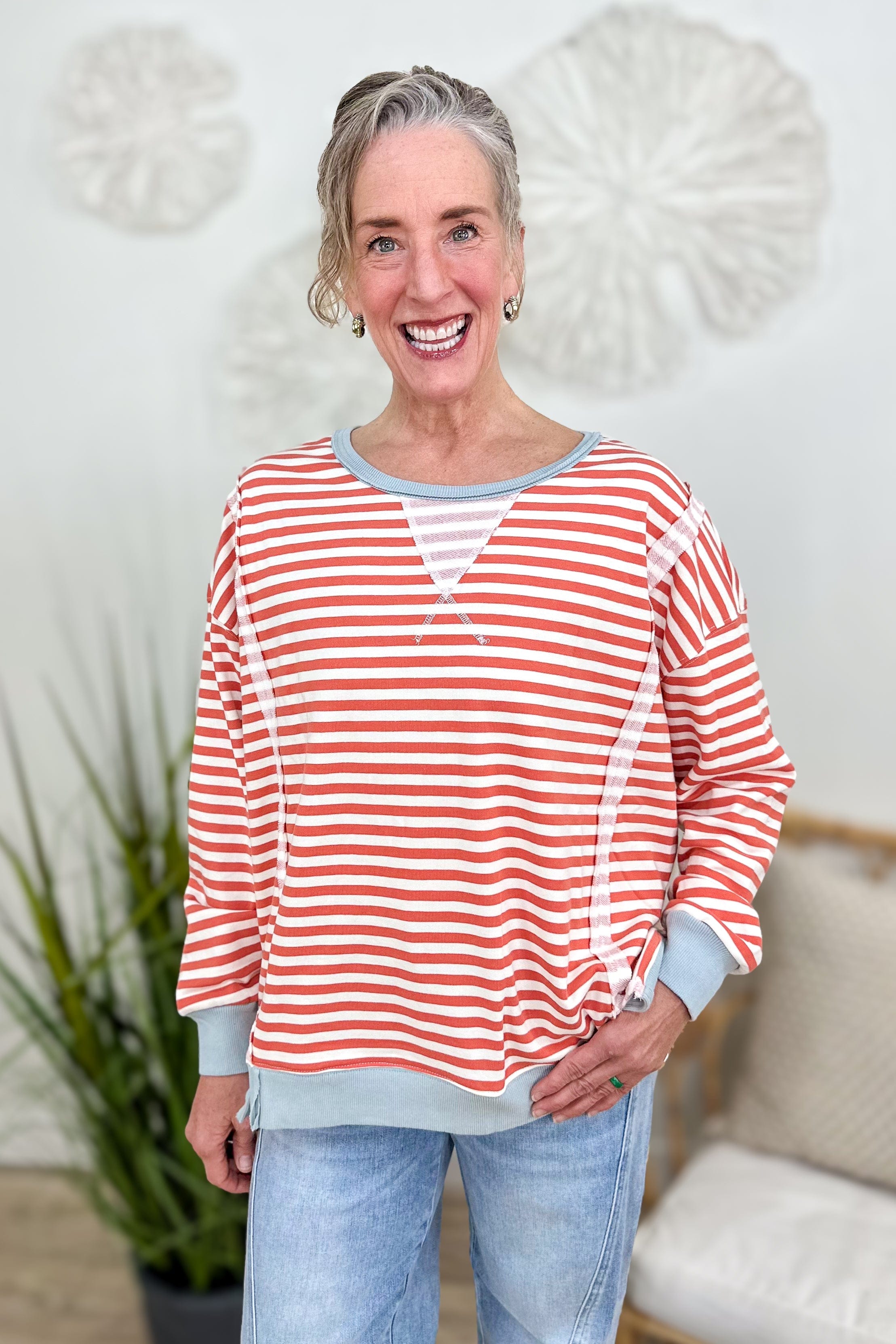 Dusty Brick Striped Terry Pullover