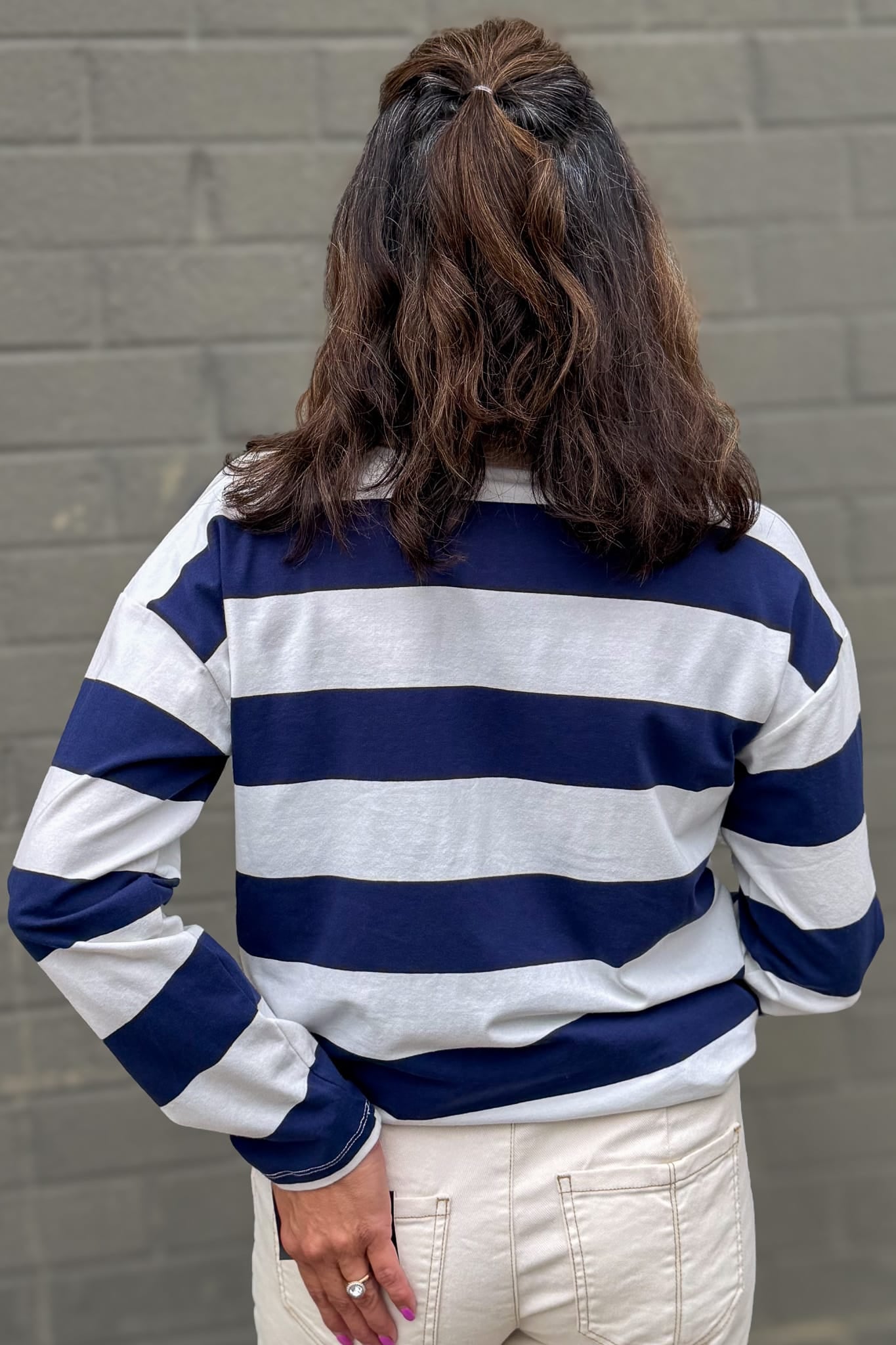 Navy Striped Contrast Collar Polo Tee back