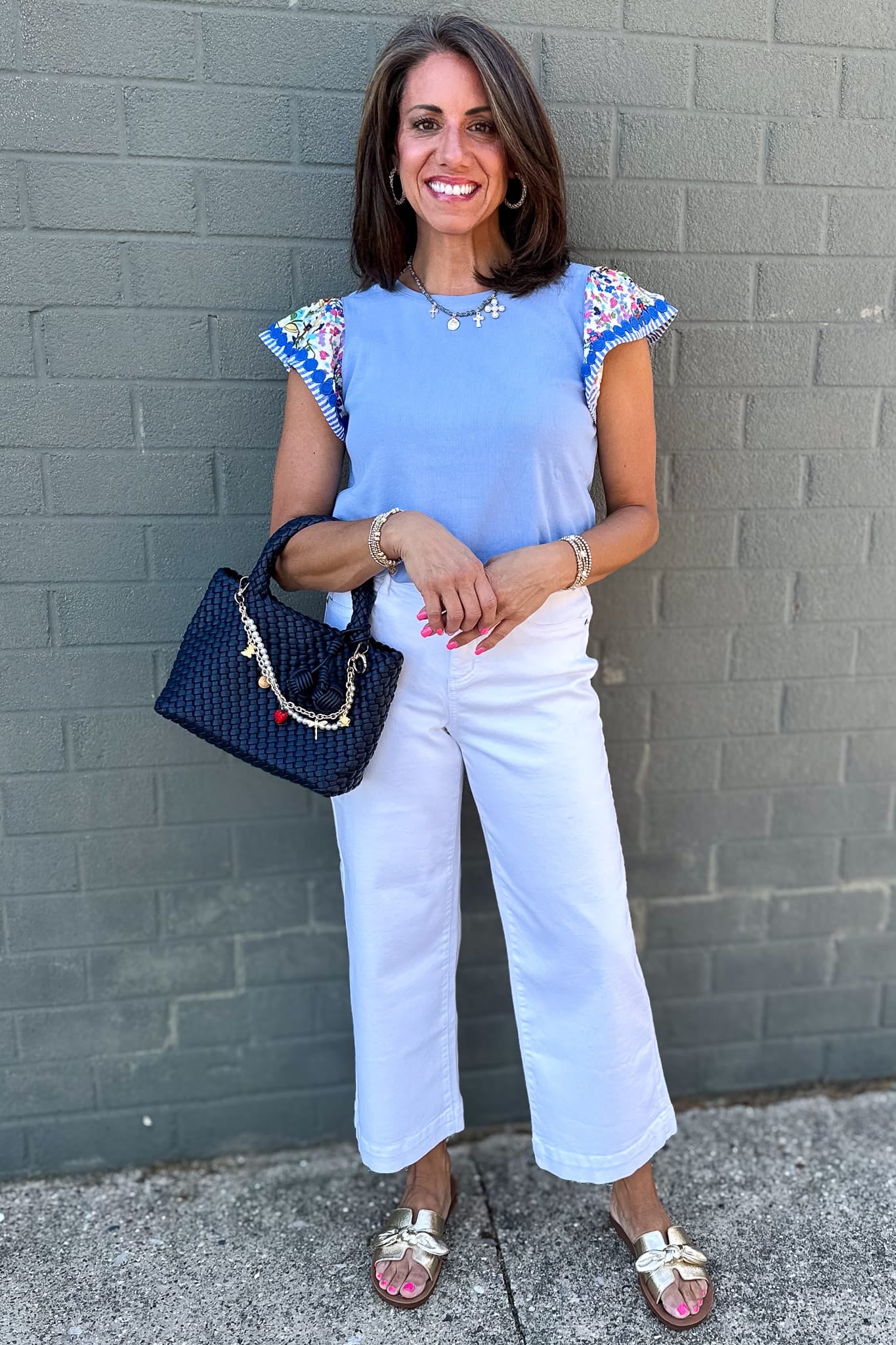 Light Blue Print Ruffle Sleeve Top