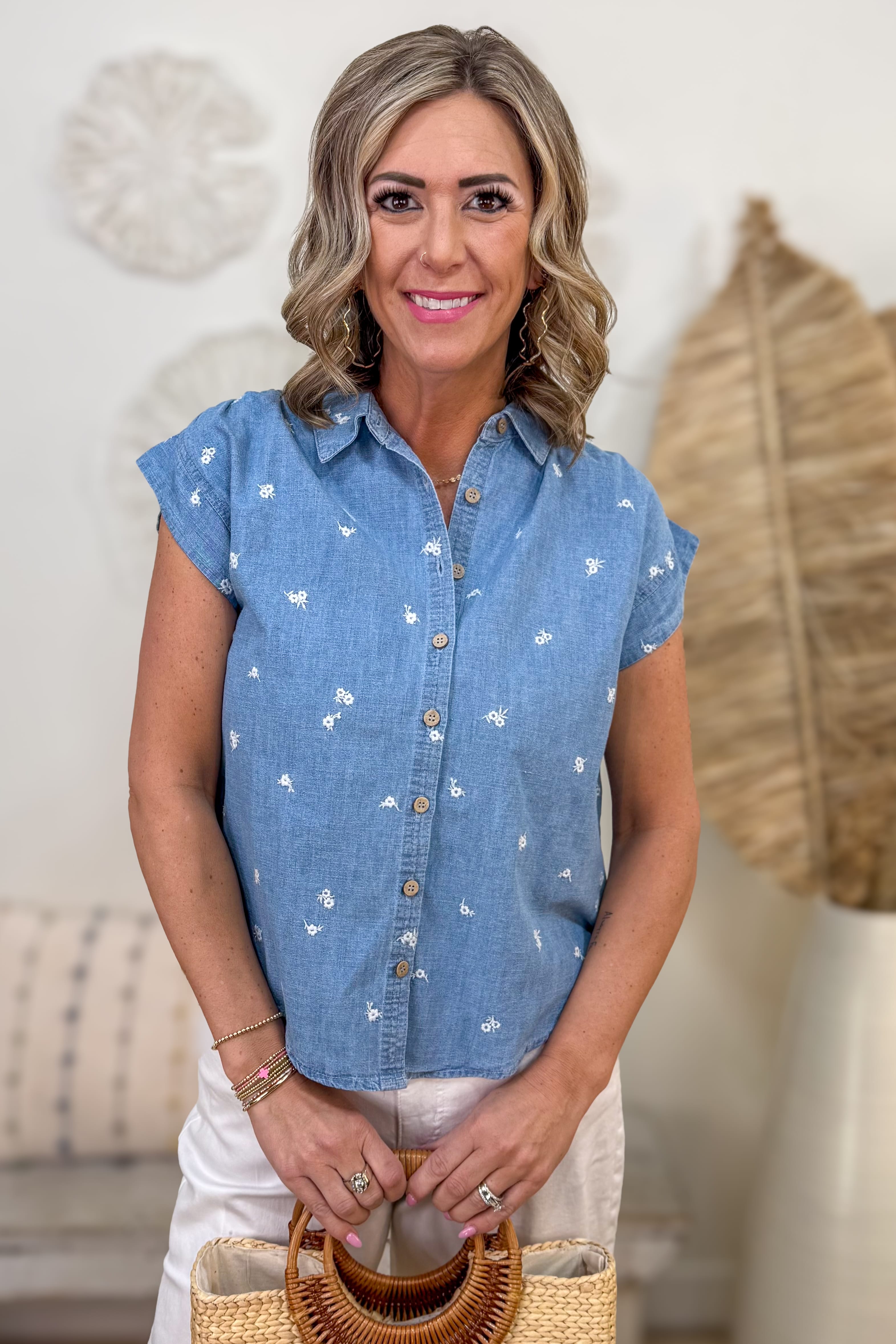 Chambray Floral Embroidered Denim Shirt