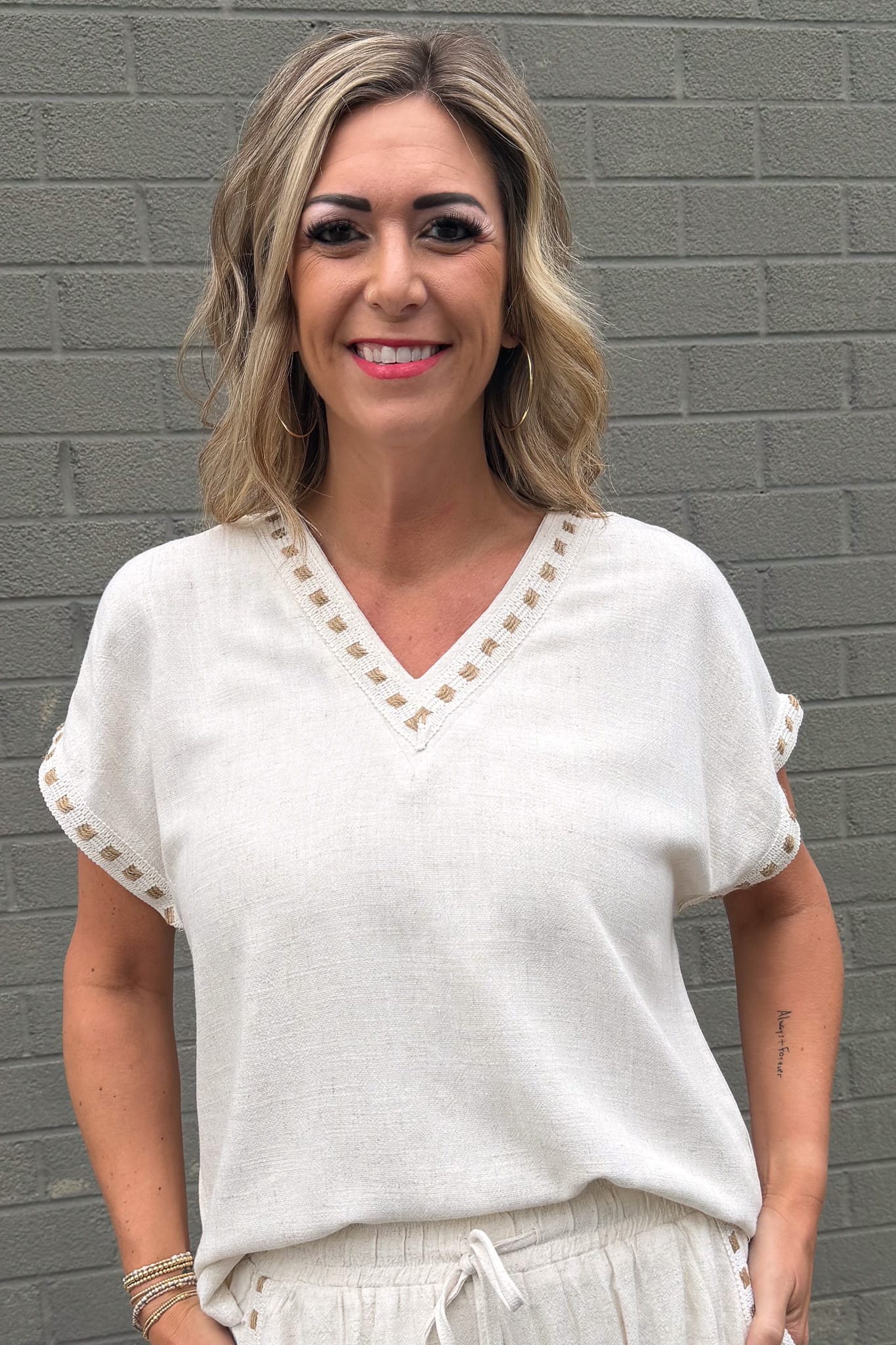 Beige Linen Square Hem Blouse