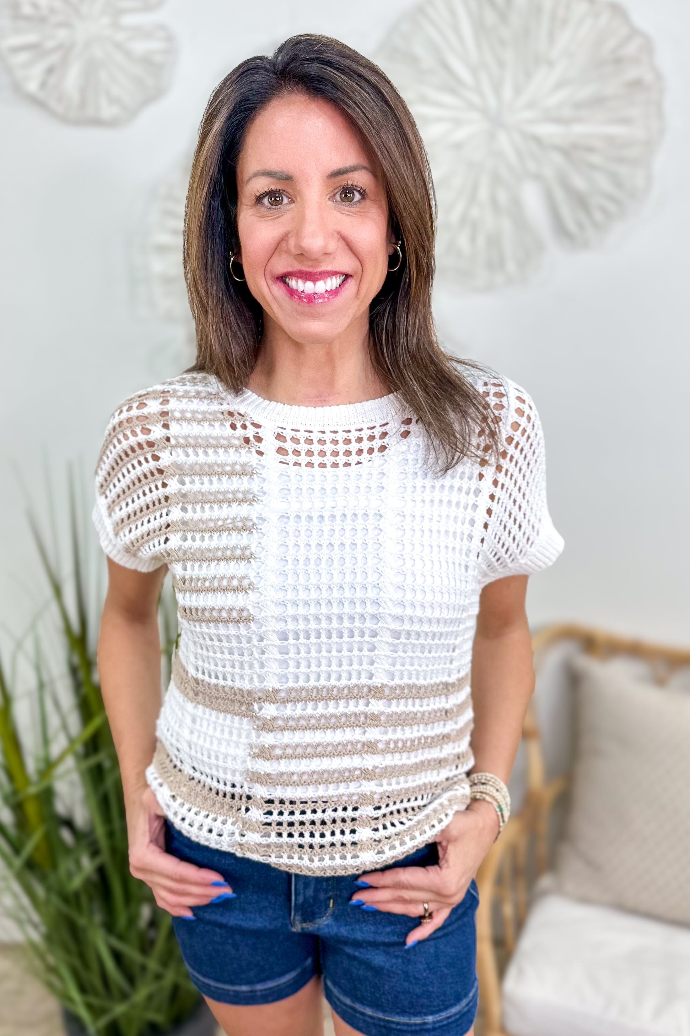 Taupe Multi Stripe Crochet Knit Top