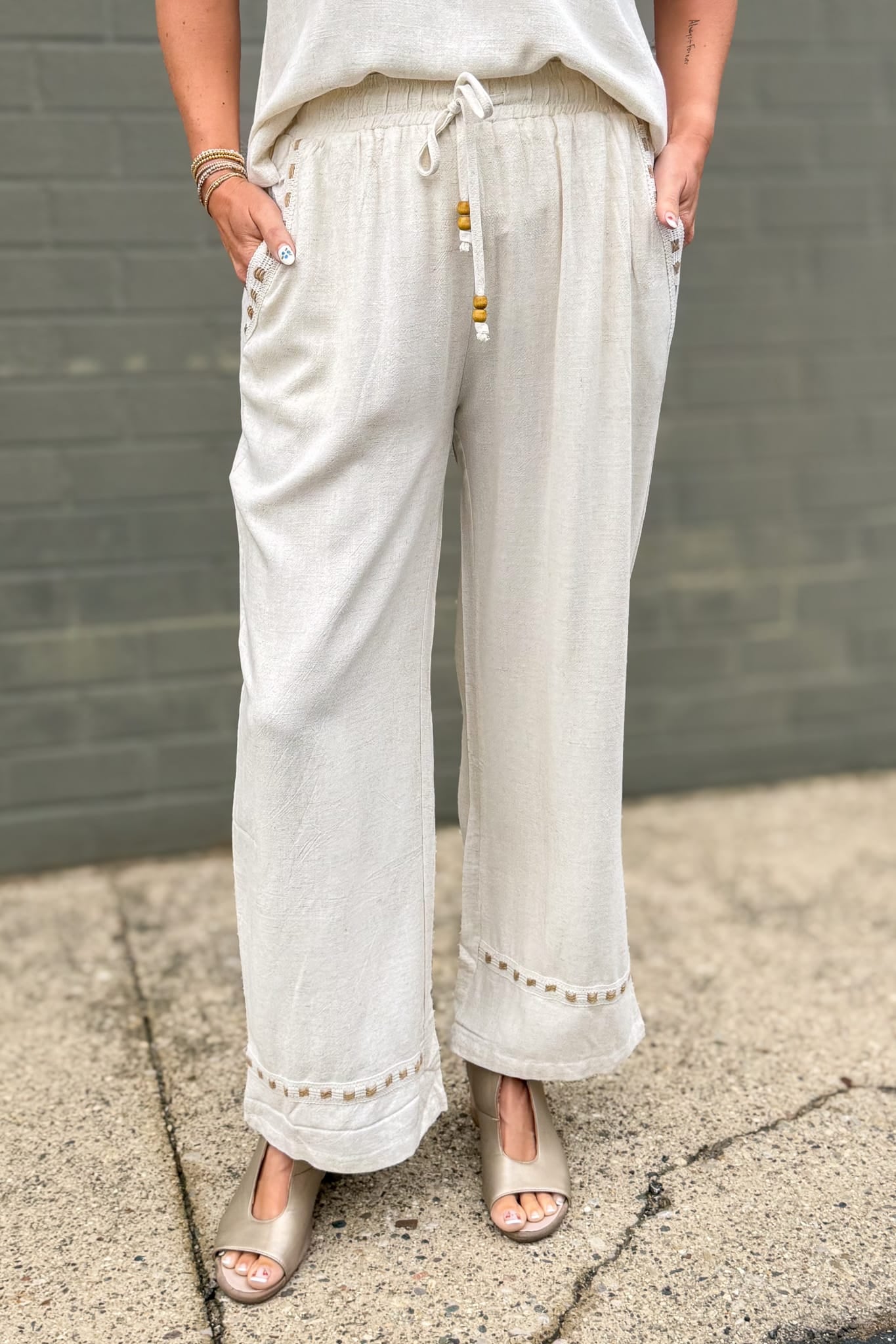 Beige Linen Drawstring Pant
