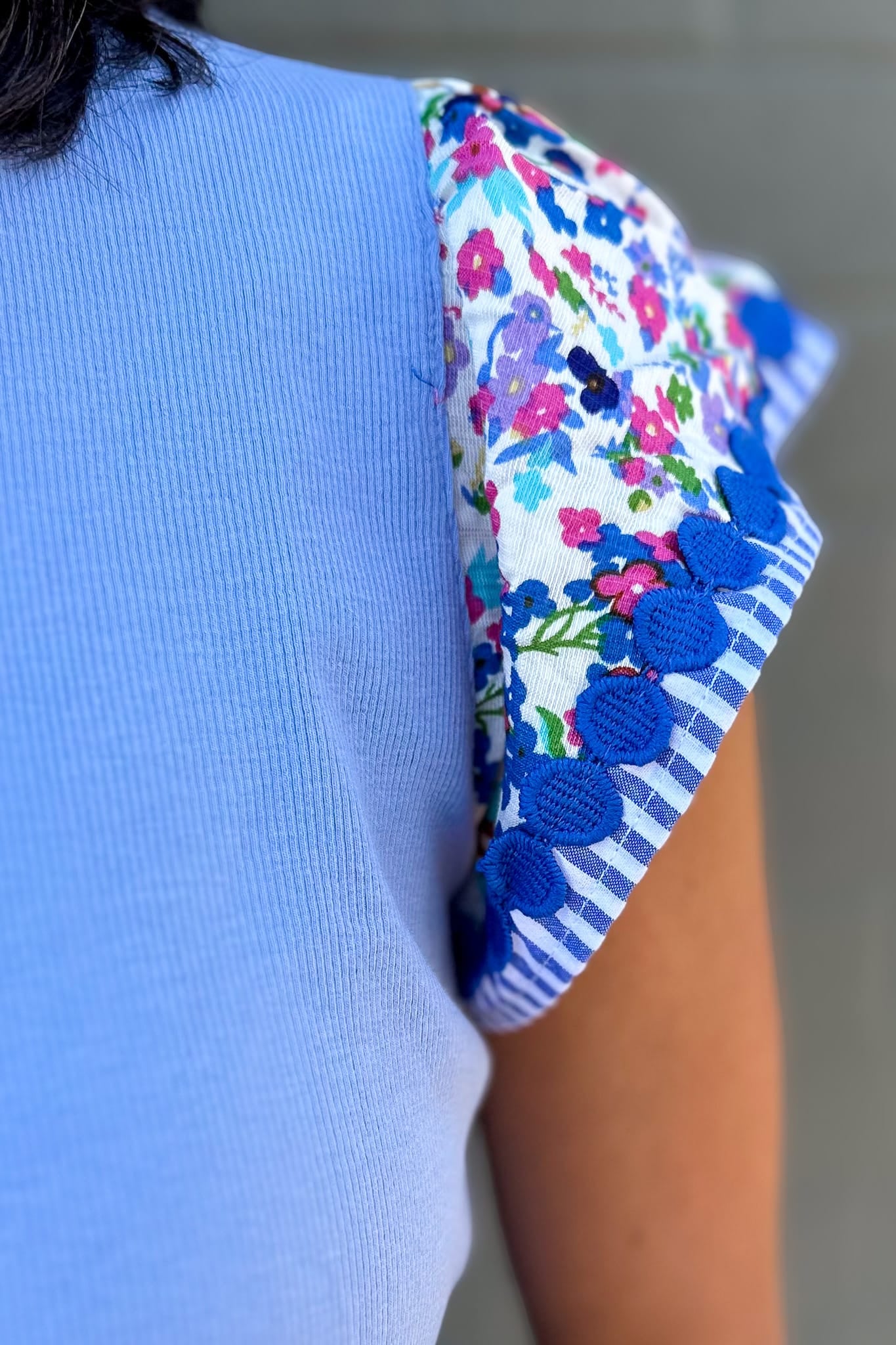 Light Blue Print Ruffle Sleeve Top Detail