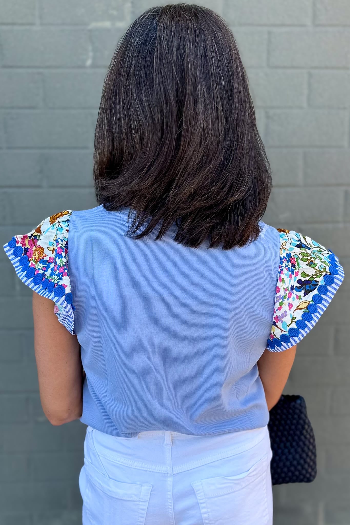 Light Blue Print Ruffle Sleeve Top Back