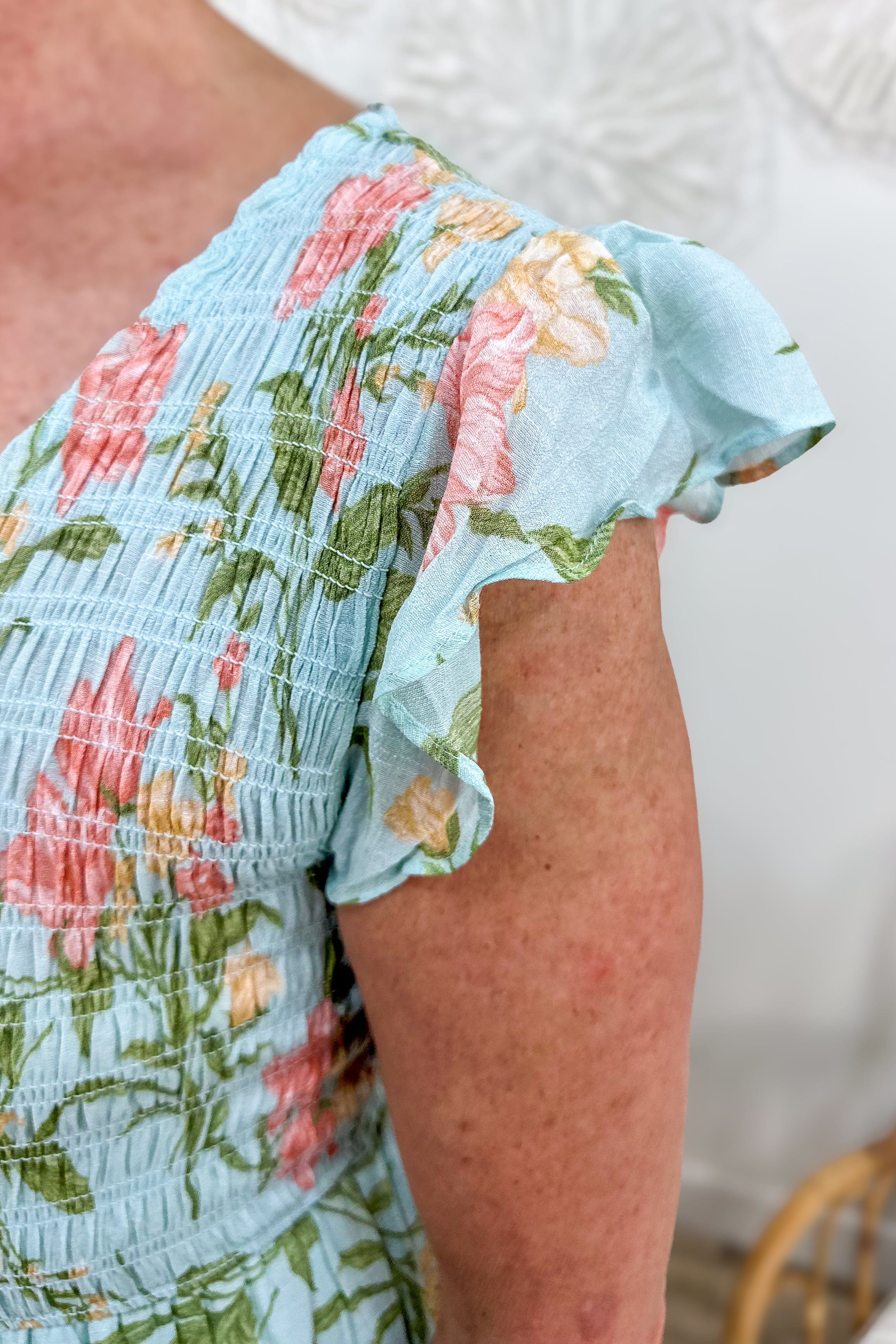 Sage Floral Smocked Tiered Midi Dress detailed