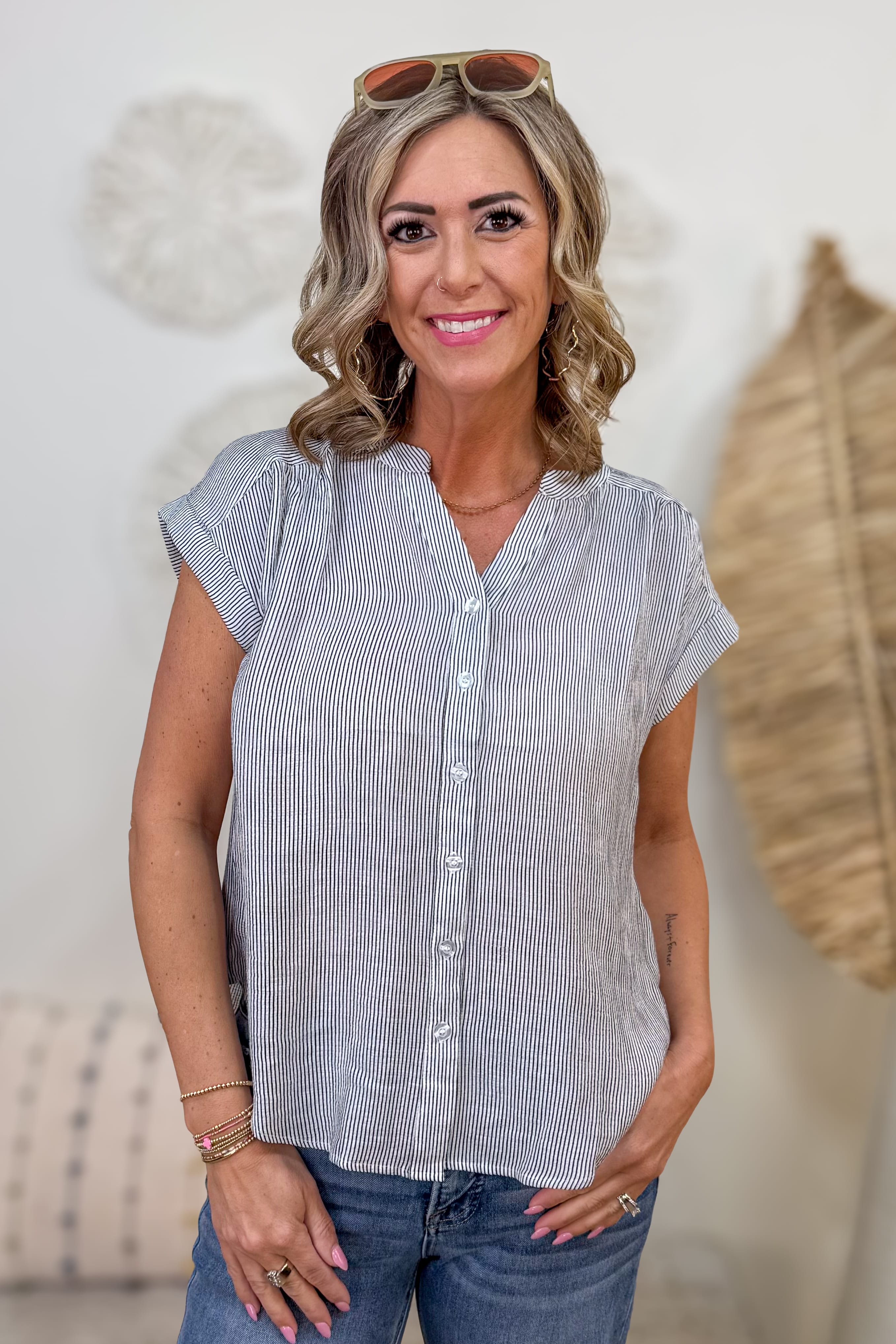 Navy Pinstripe Button Shirt