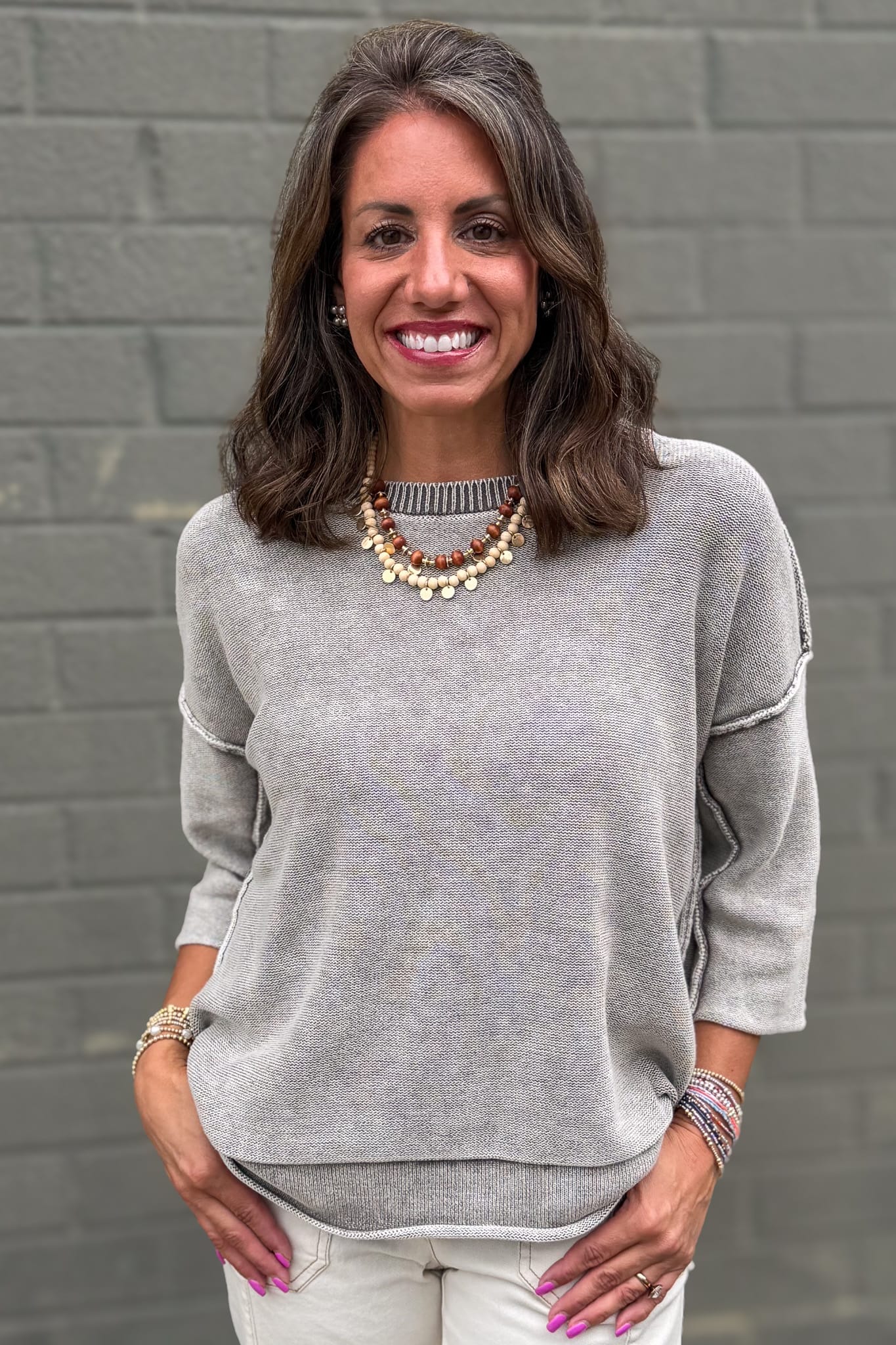 Mocha Washed 3/4 Sleeve Boxy Sweater