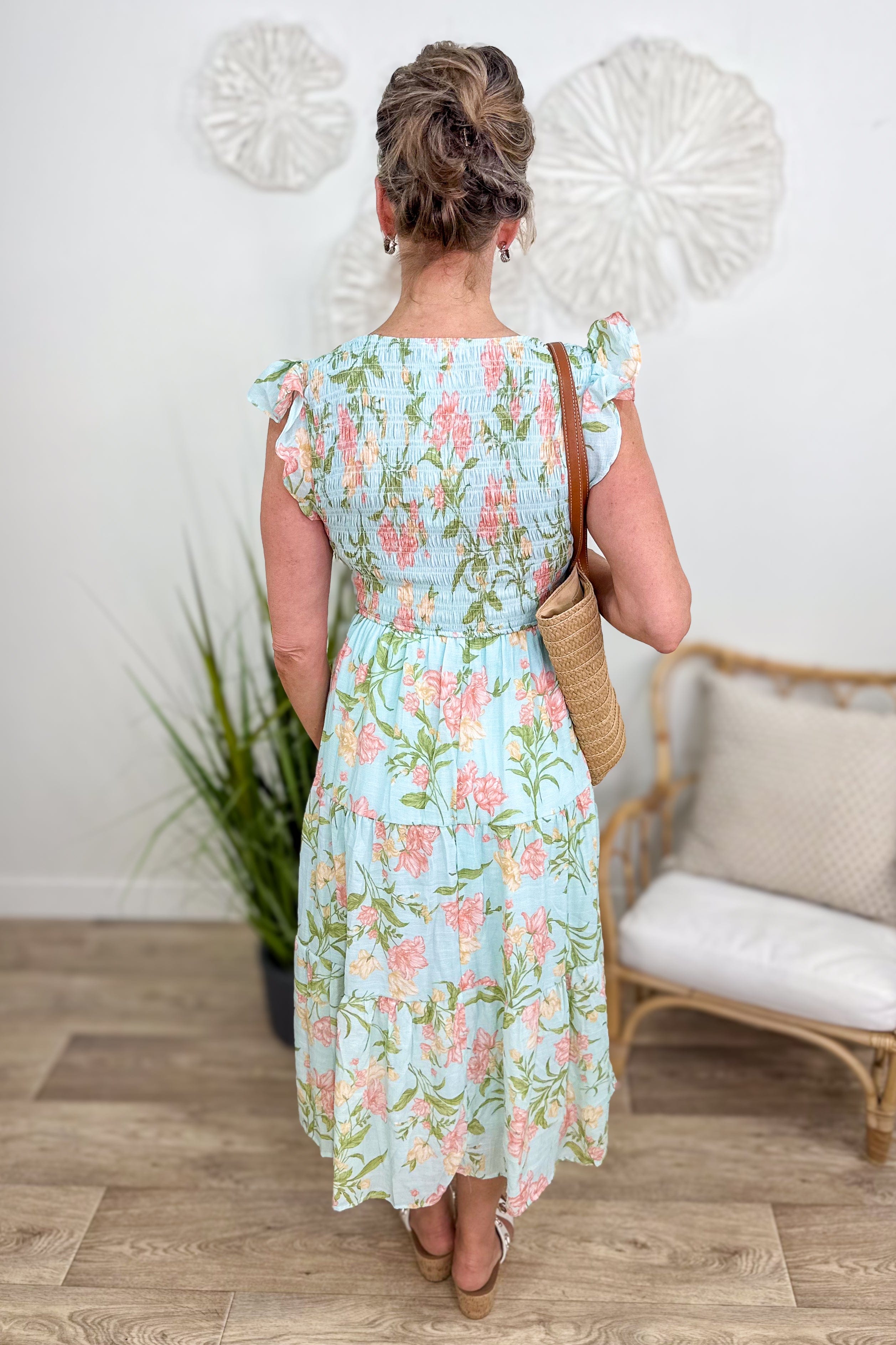 Sage Floral Smocked Tiered Midi Dress back