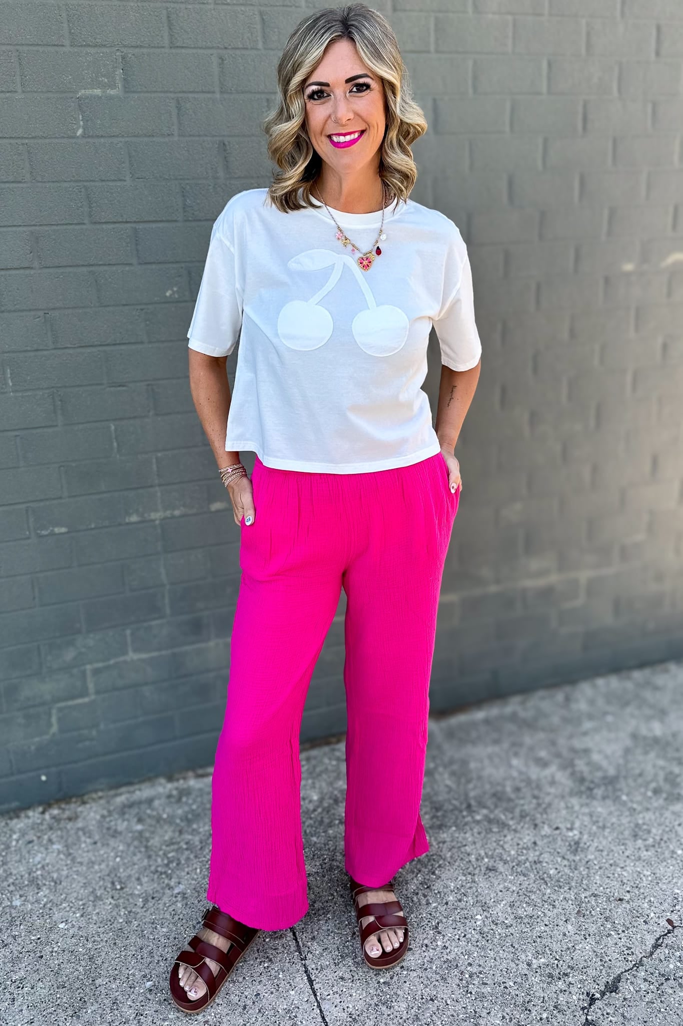 Hot Pink Gauze Pants Styled
