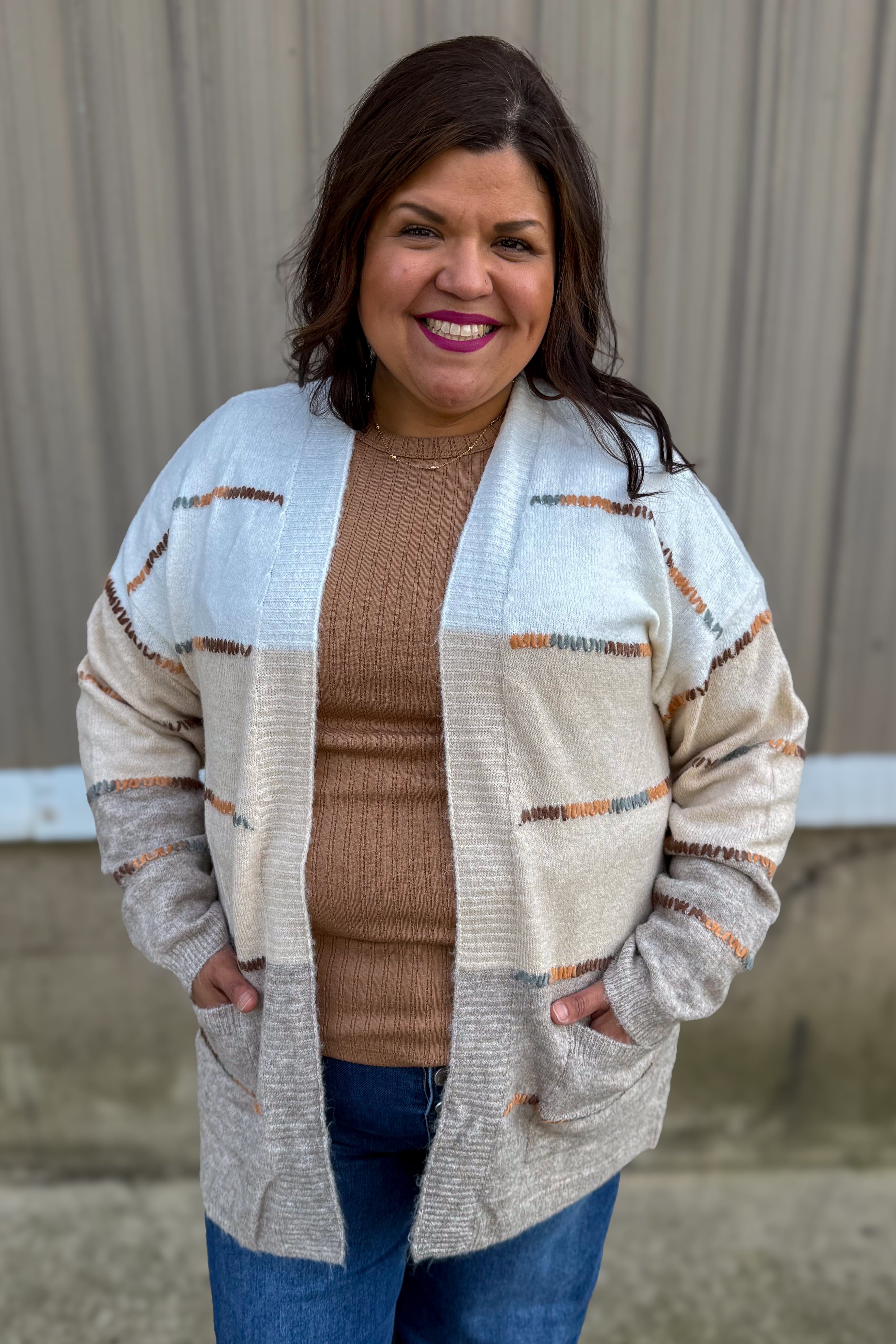 Taupe Color Block Multi Stich Open Front Cardigan