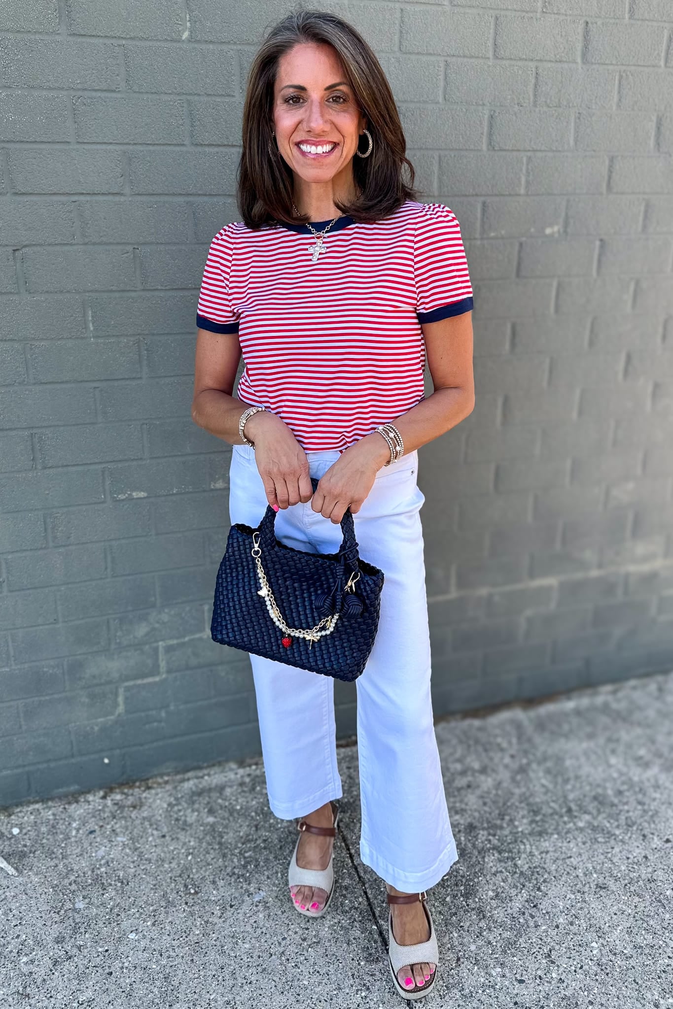 Red Stripe Navy Color Trim Top Styled